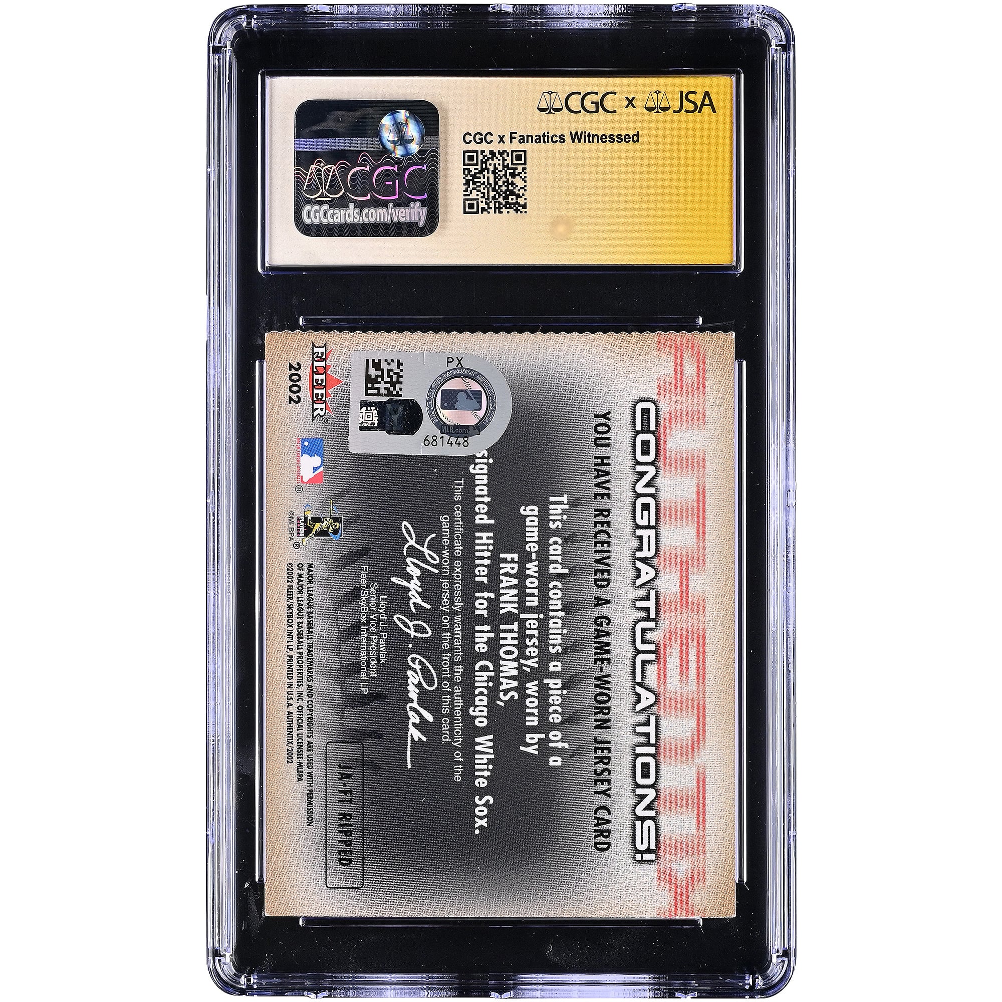 Frank Thomas Chicago White Sox Autographed 2002 Fleer Authentix Jersey AuthenTIX Game-Worn Jersey Relic #JA-FT CGC Fanatics Witnessed Authenticated 10/10 Card