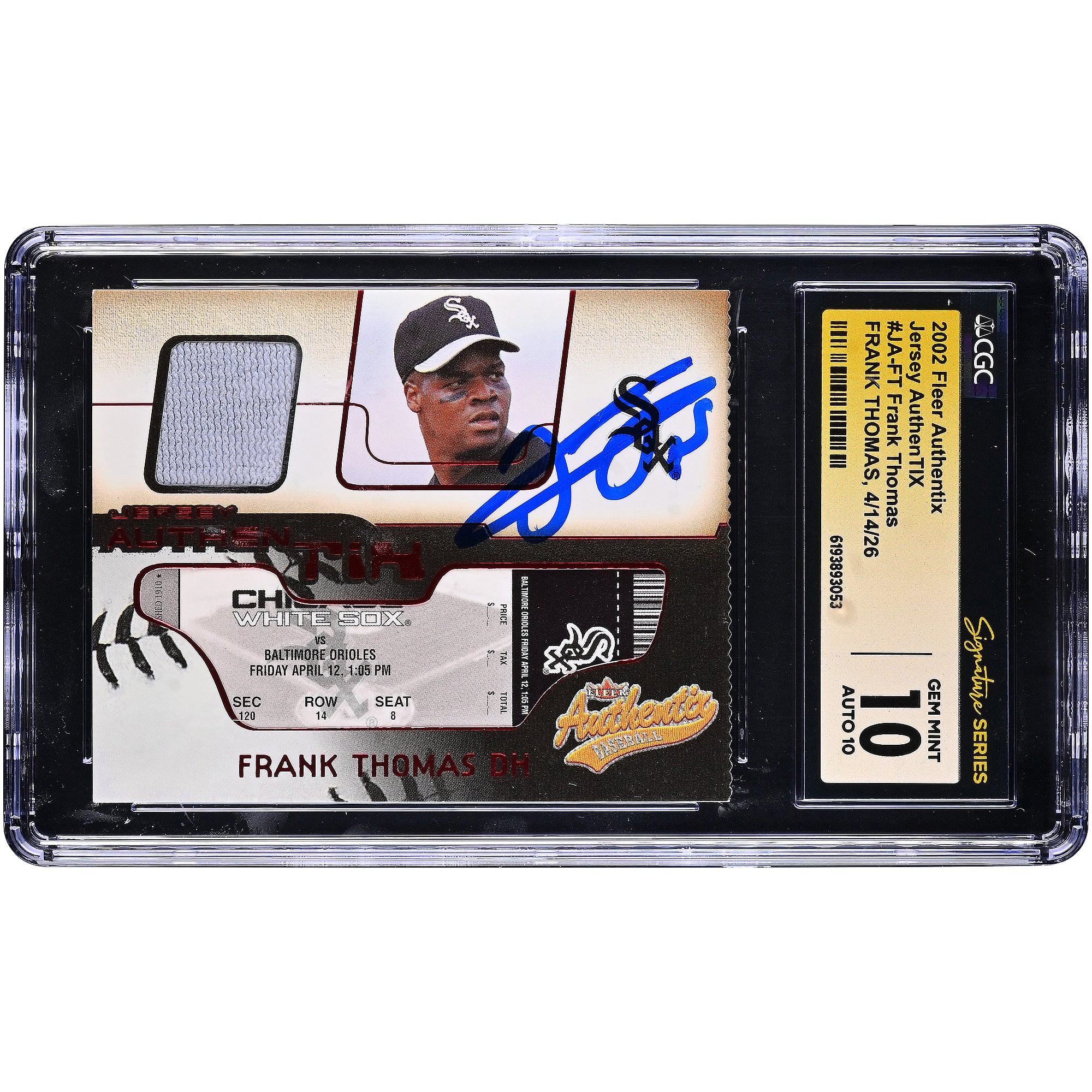Frank Thomas Chicago White Sox Autographed 2002 Fleer Authentix Jersey AuthenTIX Game-Worn Jersey Relic #JA-FT CGC Fanatics Witnessed Authenticated 10/10 Card