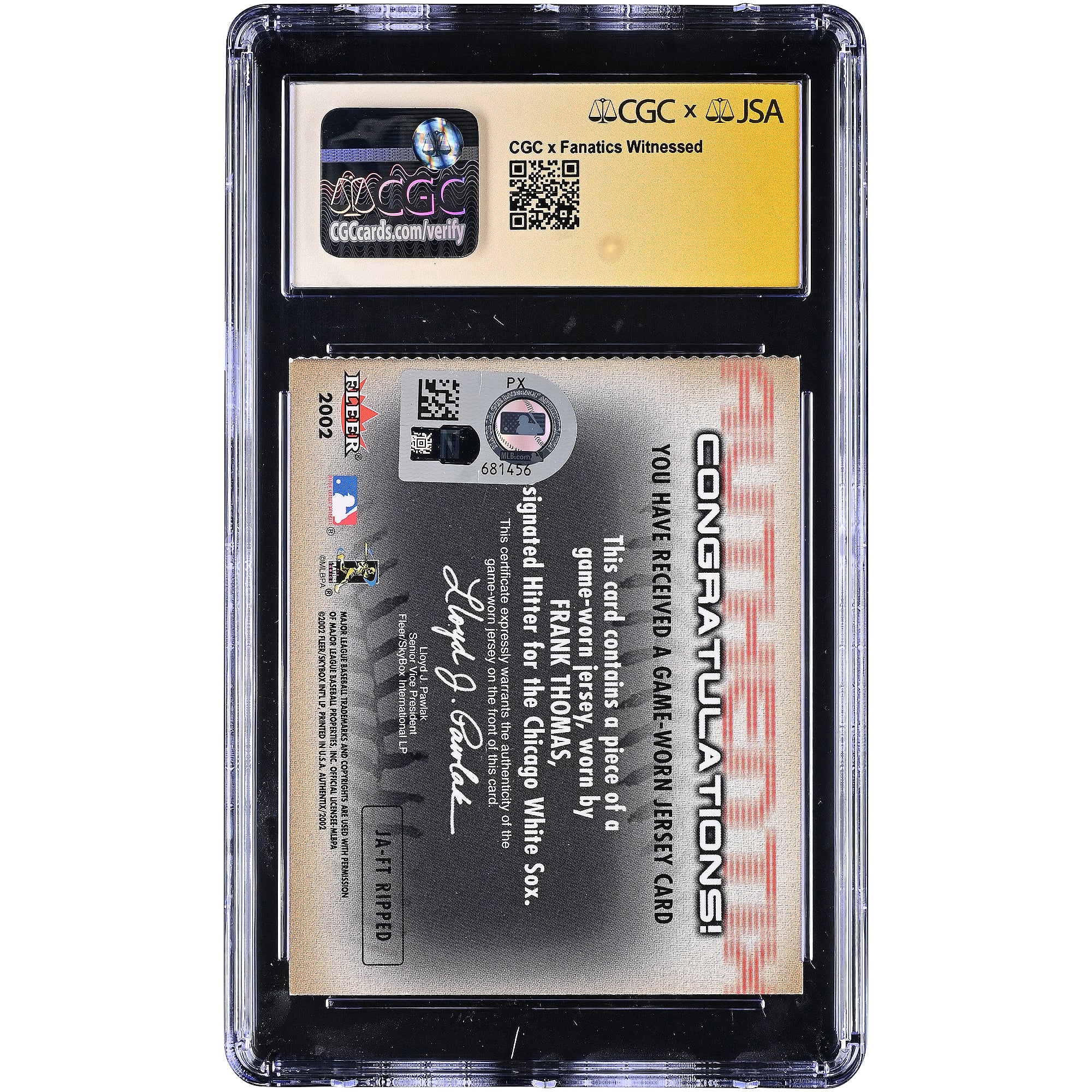 Maillot autographié de Frank Thomas (White Sox de Chicago) de 2002, sous la marque Fleer Authentix. Relique de maillot porté en match (AuthenTIX) #JA-FT. Authentifié par Fanatics Witnessed (CGC) - Note : 9/10.