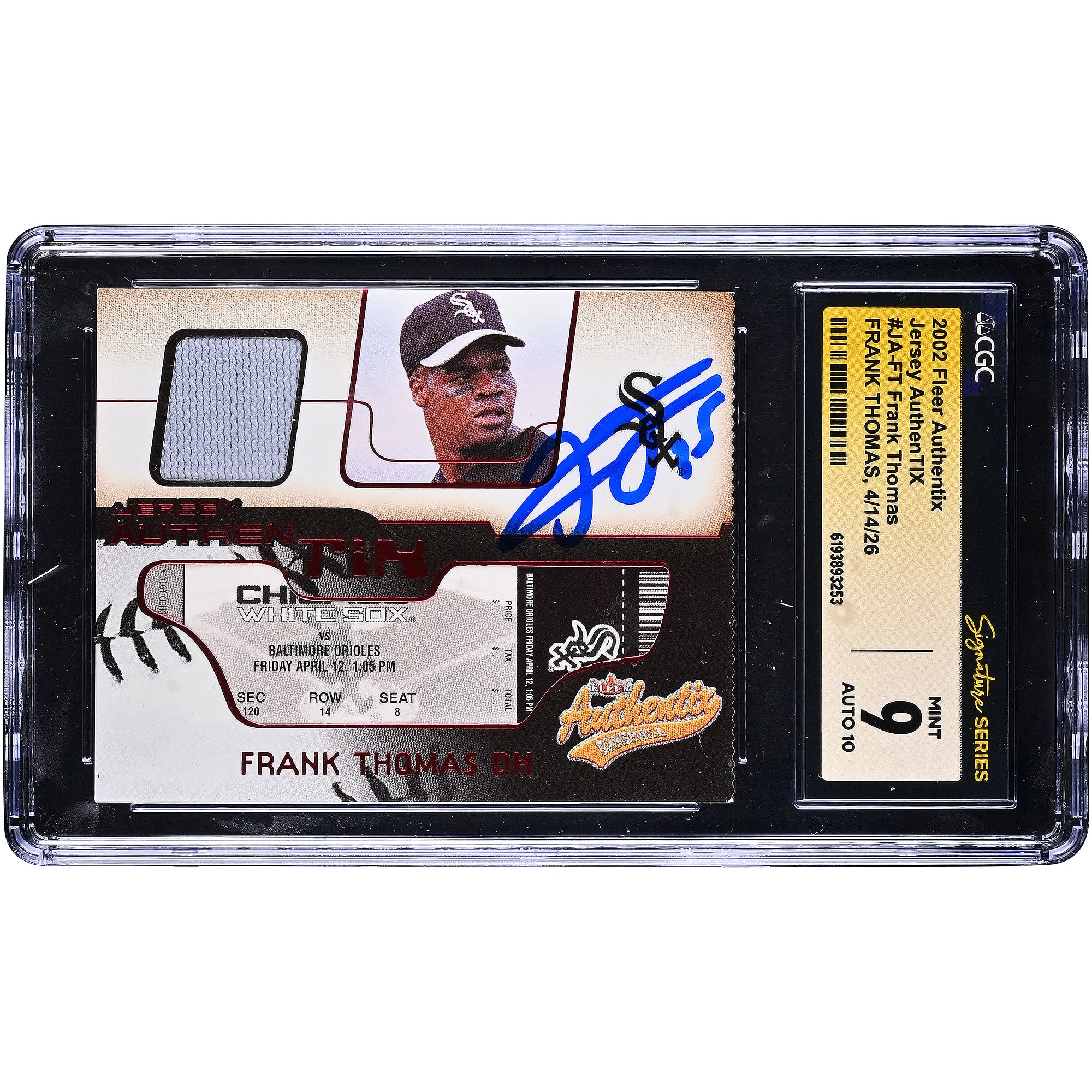 Maillot autographié de Frank Thomas (White Sox de Chicago) de 2002, sous la marque Fleer Authentix. Relique de maillot porté en match (AuthenTIX) #JA-FT. Authentifié par Fanatics Witnessed (CGC) - Note : 9/10.
