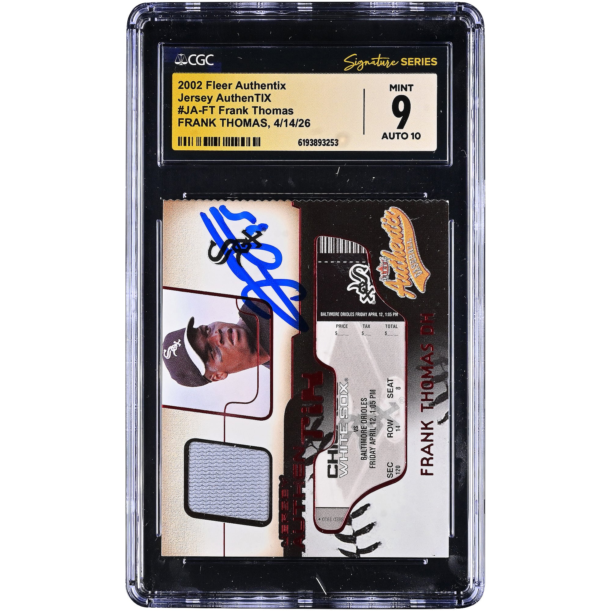 Maillot autographié de Frank Thomas (White Sox de Chicago) de 2002, sous la marque Fleer Authentix. Relique de maillot porté en match (AuthenTIX) #JA-FT. Authentifié par Fanatics Witnessed (CGC) - Note : 9/10.
