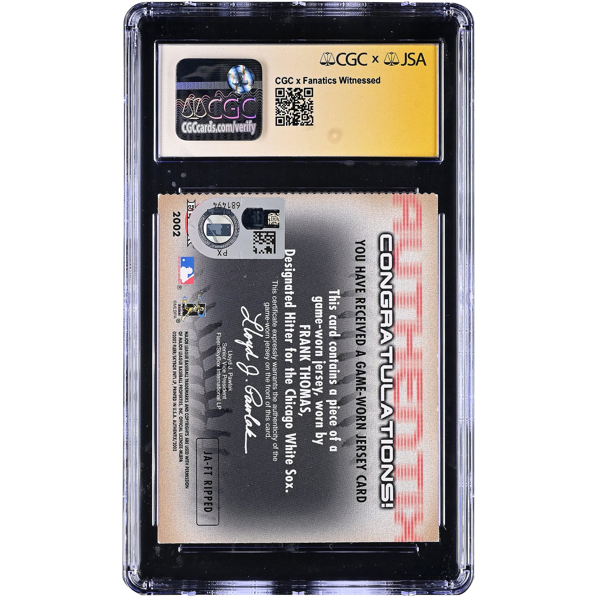 Frank Thomas Chicago White Sox Autographed 2002 Fleer Authentix Jersey AuthenTIX Game-Worn Jersey Relic #JA-FT CGC Fanatics Witnessed Authenticated AUTO 10 Card