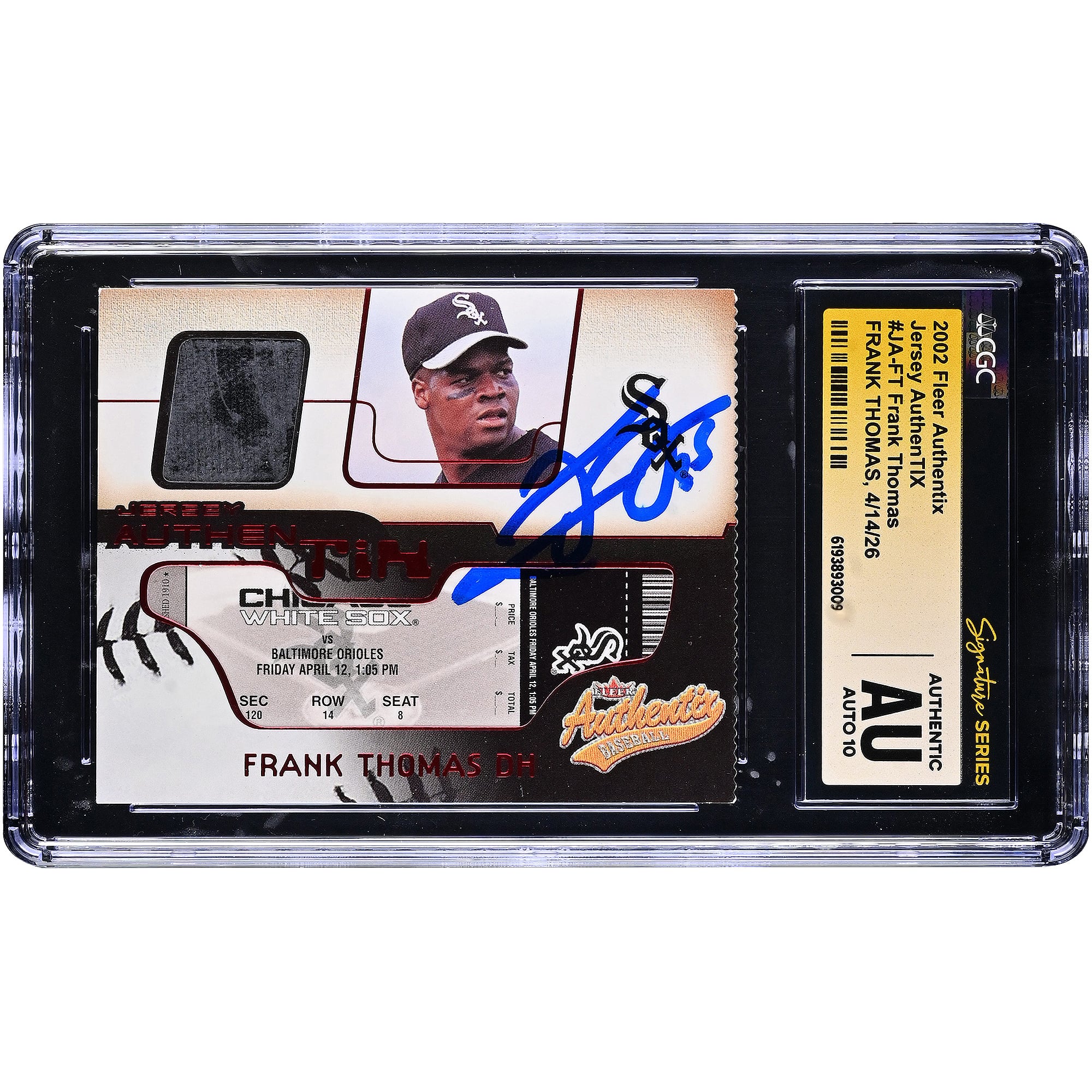 Frank Thomas Chicago White Sox Autographed 2002 Fleer Authentix Jersey AuthenTIX Game-Worn Jersey Relic #JA-FT CGC Fanatics Witnessed Authenticated AUTO 10 Card