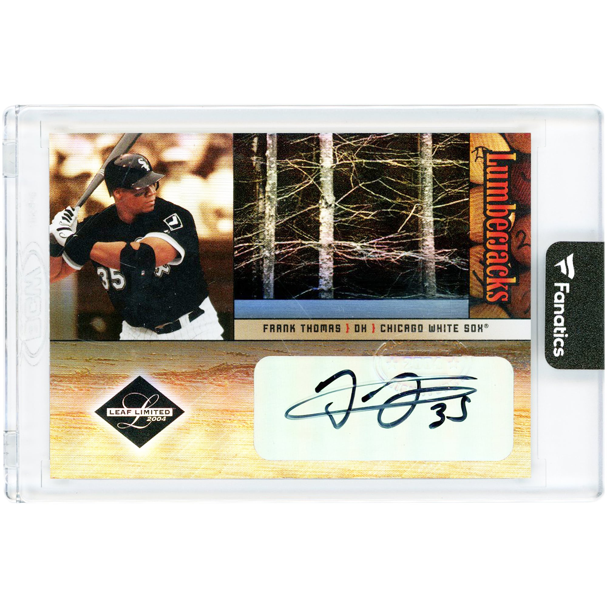 Carte autographiée par Frank Thomas, joueur des White Sox de Chicago, édition limitée Donruss Leaf Lumberjacks 2004, numéro LJ-17, numéro 19/50