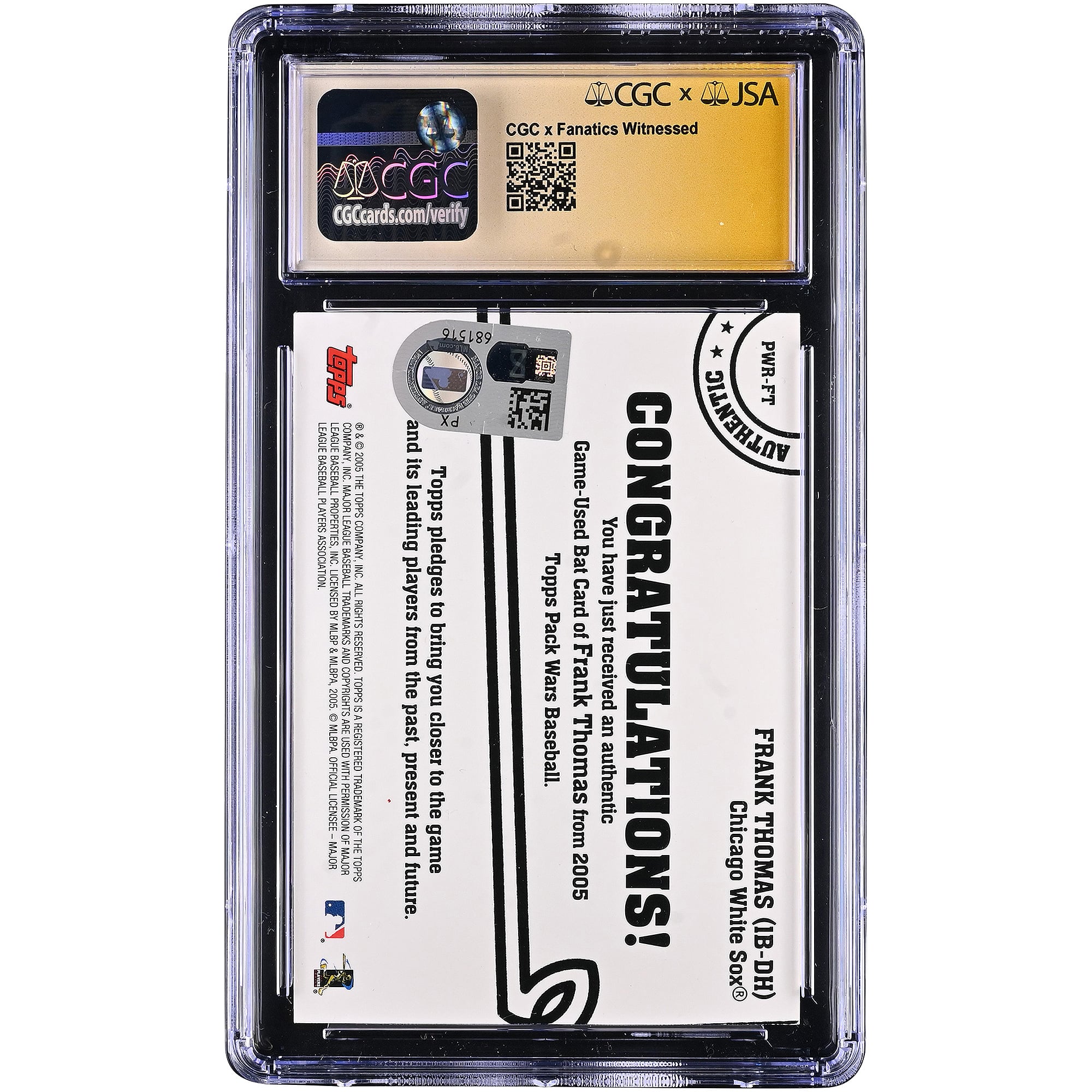 Frank Thomas Chicago White Sox Autographed 2005 Topps Pack Wars Relics #PWR-FT CGC Fanatics Witnessed Authenticated 9/10 Card