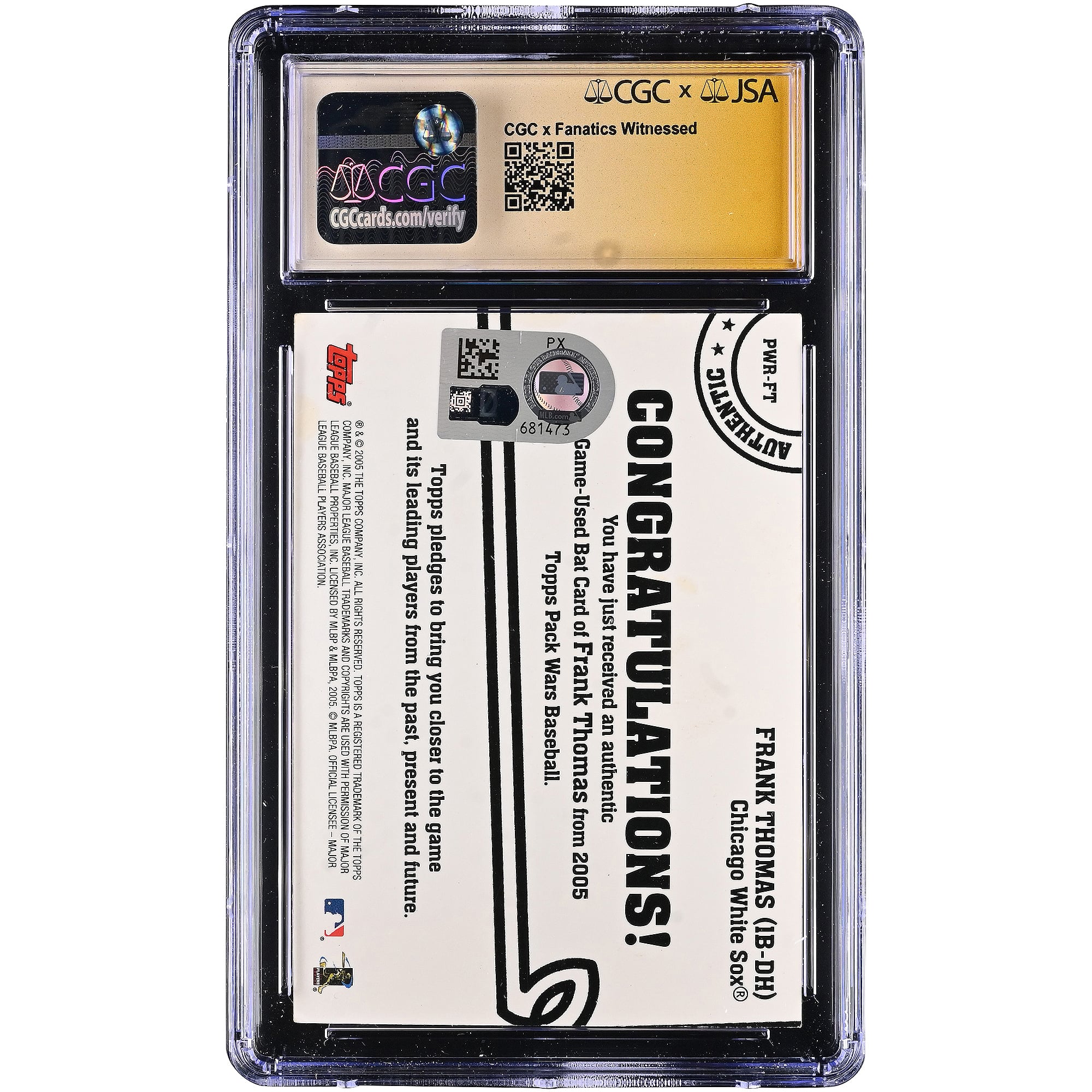 Frank Thomas Chicago White Sox Autographed 2005 Topps Pack Wars Relics #PWR-FT CGC Fanatics Witnessed Authenticated AUTO 10 Card