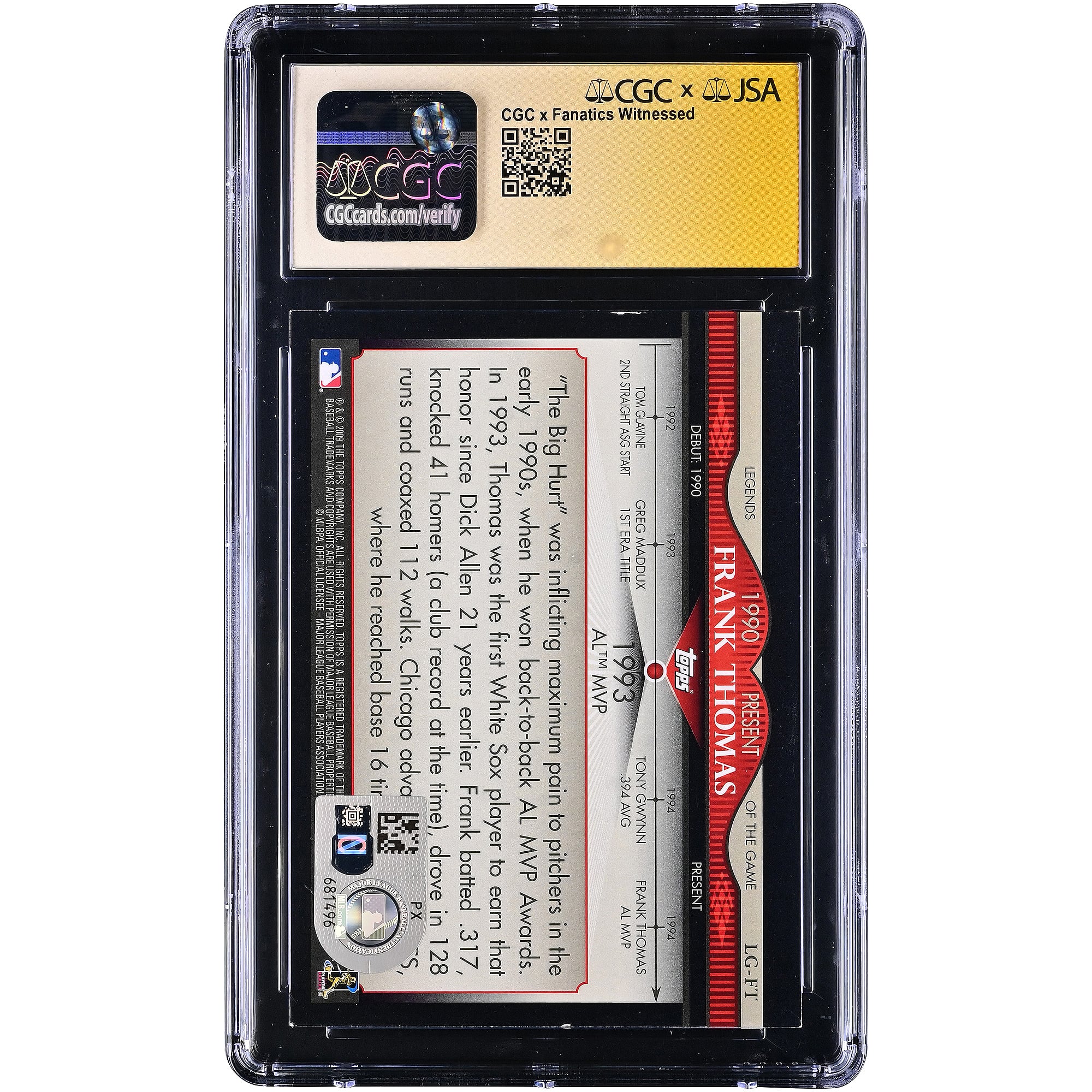 Frank Thomas Chicago White Sox Autographed 2009 Topps Legends of the Game #LG-FT #/99 CGC Fanatics Witnessed Authenticated AUTO 10 Card