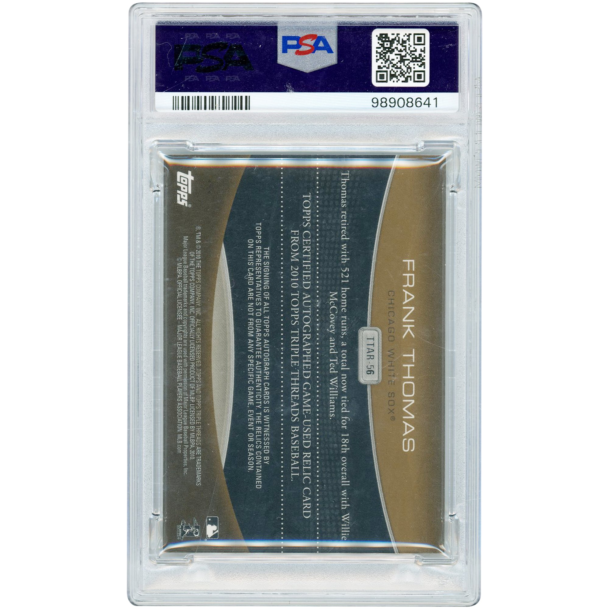 Frank Thomas Chicago White Sox Autographed 2010 Topps Triple Threads Game Used Bat & Jersey Relics #TTAR-56 #4/9 PSA Authenticated 8 Card