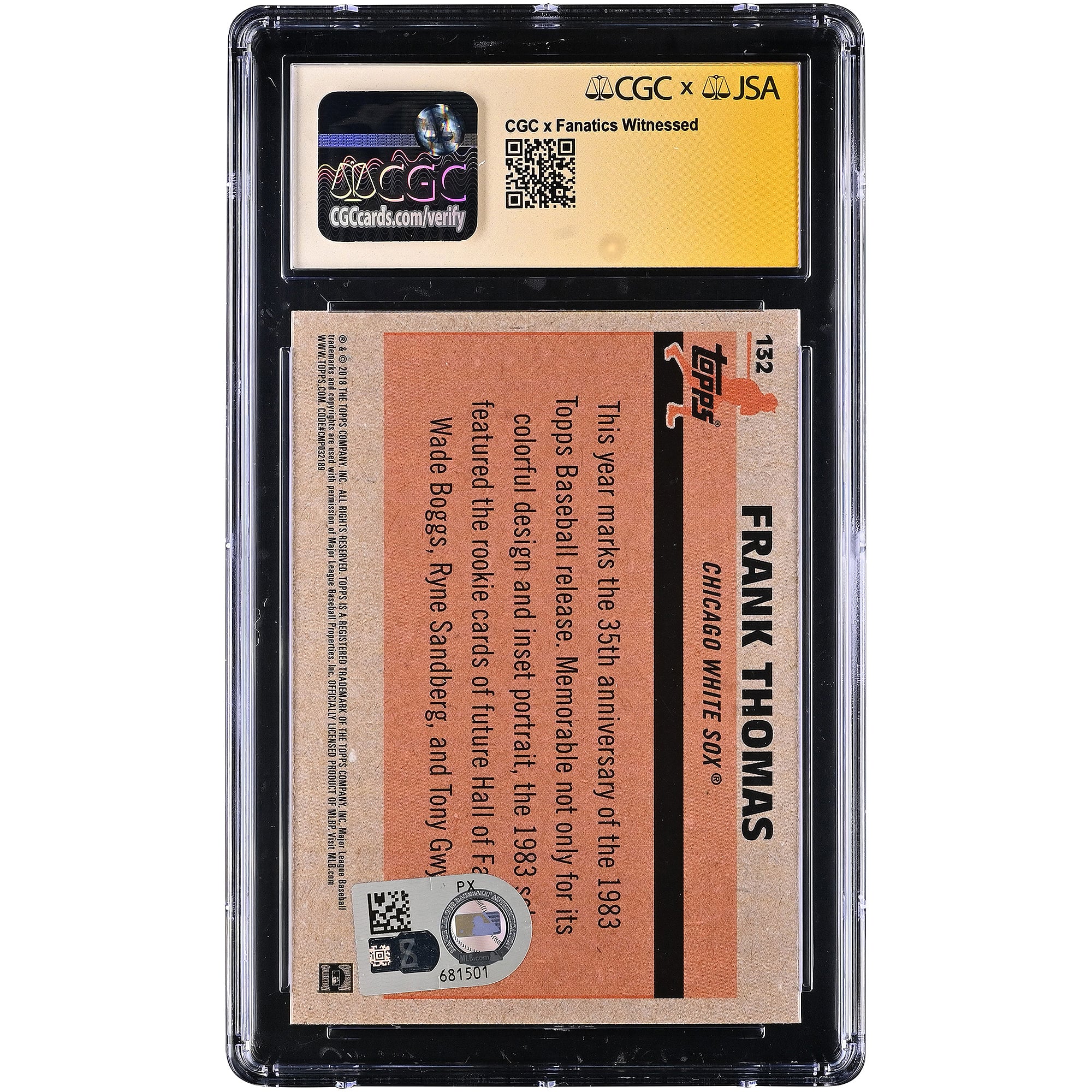 Frank Thomas Chicago White Sox Autographed 2018 Topps '83 Silver Pack #132 CGC Fanatics Witnessed Authenticated 10/10 Card
