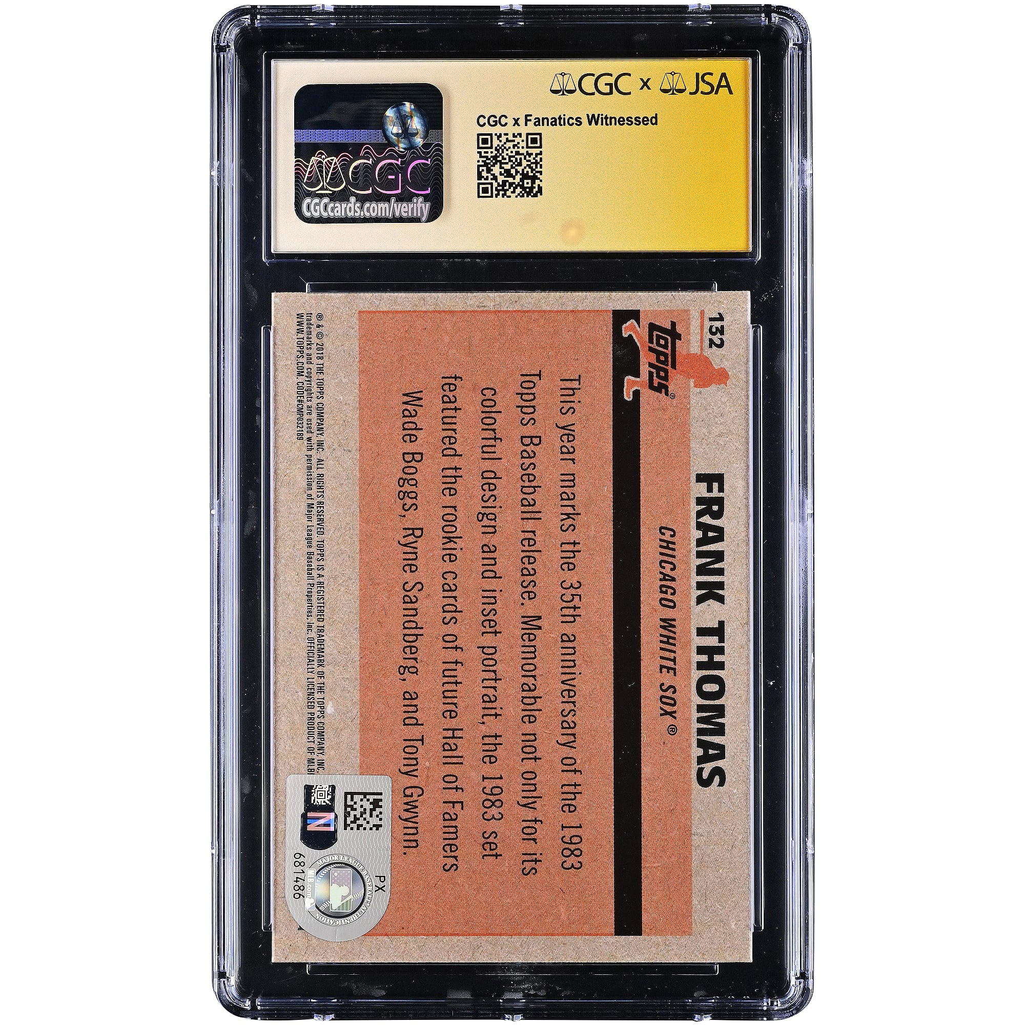 Carte autographiée de Frank Thomas (White Sox de Chicago), Topps '83 Silver Pack 2018, n° 132, authentifiée par Fanatics Witnessed (CGC), état 9,5/10.