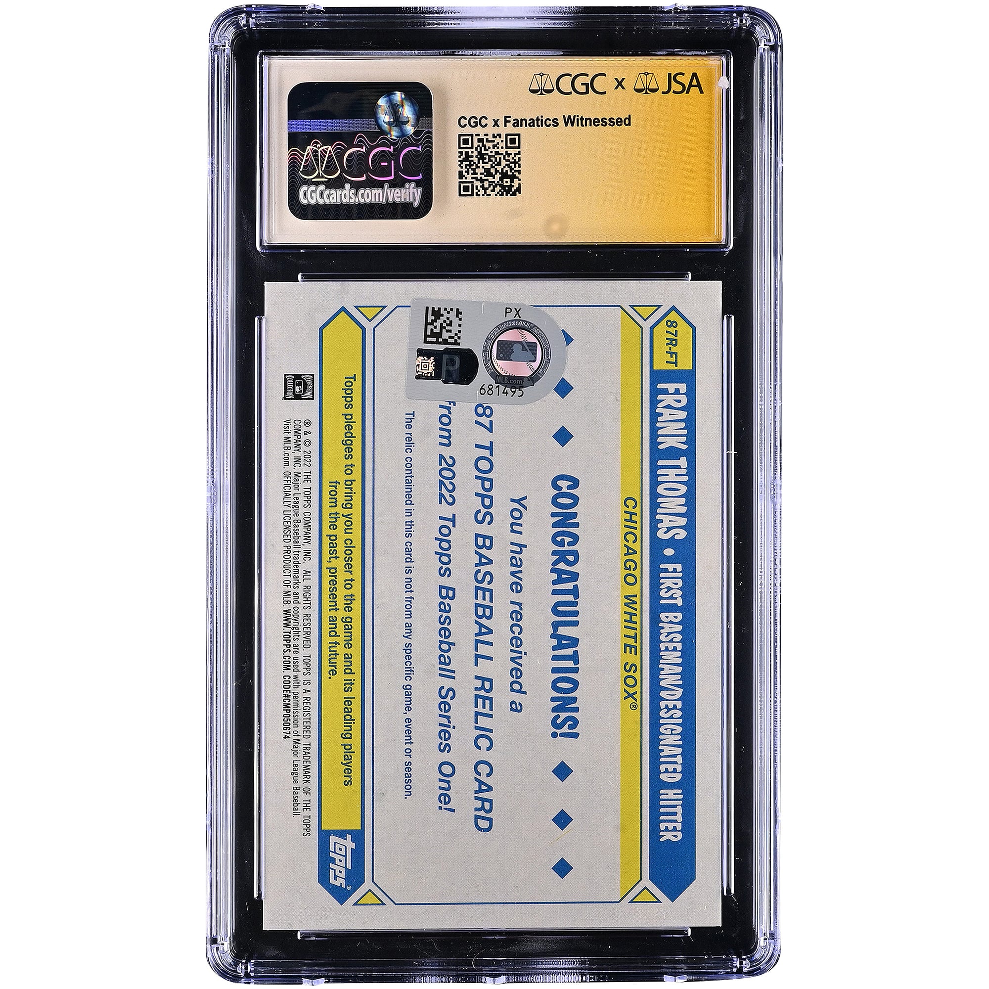 Frank Thomas Chicago White Sox Autographed 2022 Topps '87 Topps Relics #87R-FT CGC Fanatics Witnessed Authenticated 10/10 Card