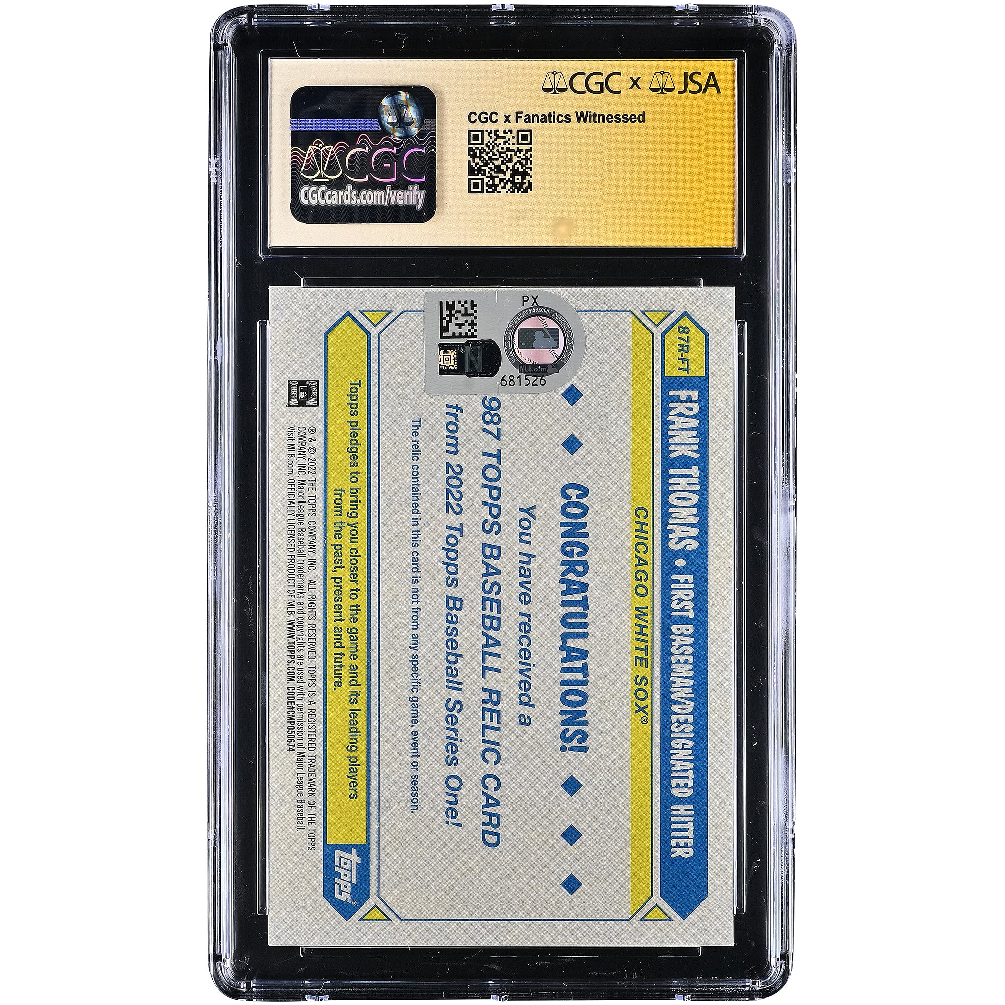 Carte autographiée de Frank Thomas (White Sox de Chicago) 2022 Topps '87 Topps Relics #87R-FT, authentifiée par Fanatics Witnessed (CGC, 9/10).