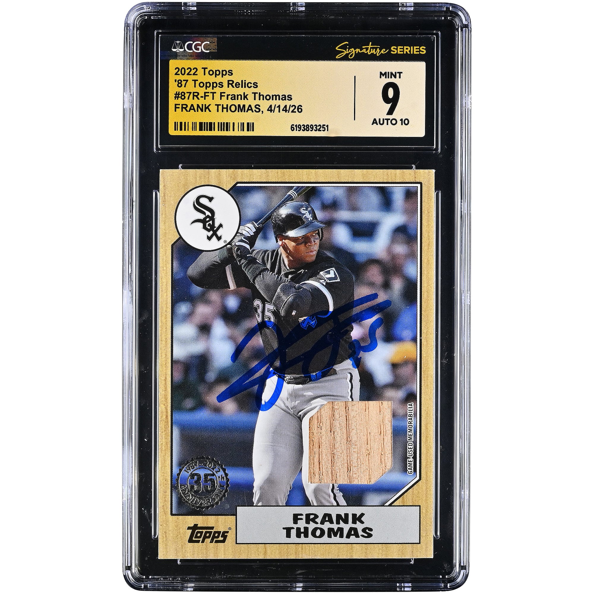 Carte autographiée de Frank Thomas (White Sox de Chicago) 2022 Topps '87 Topps Relics #87R-FT, authentifiée par Fanatics Witnessed (CGC, 9/10).