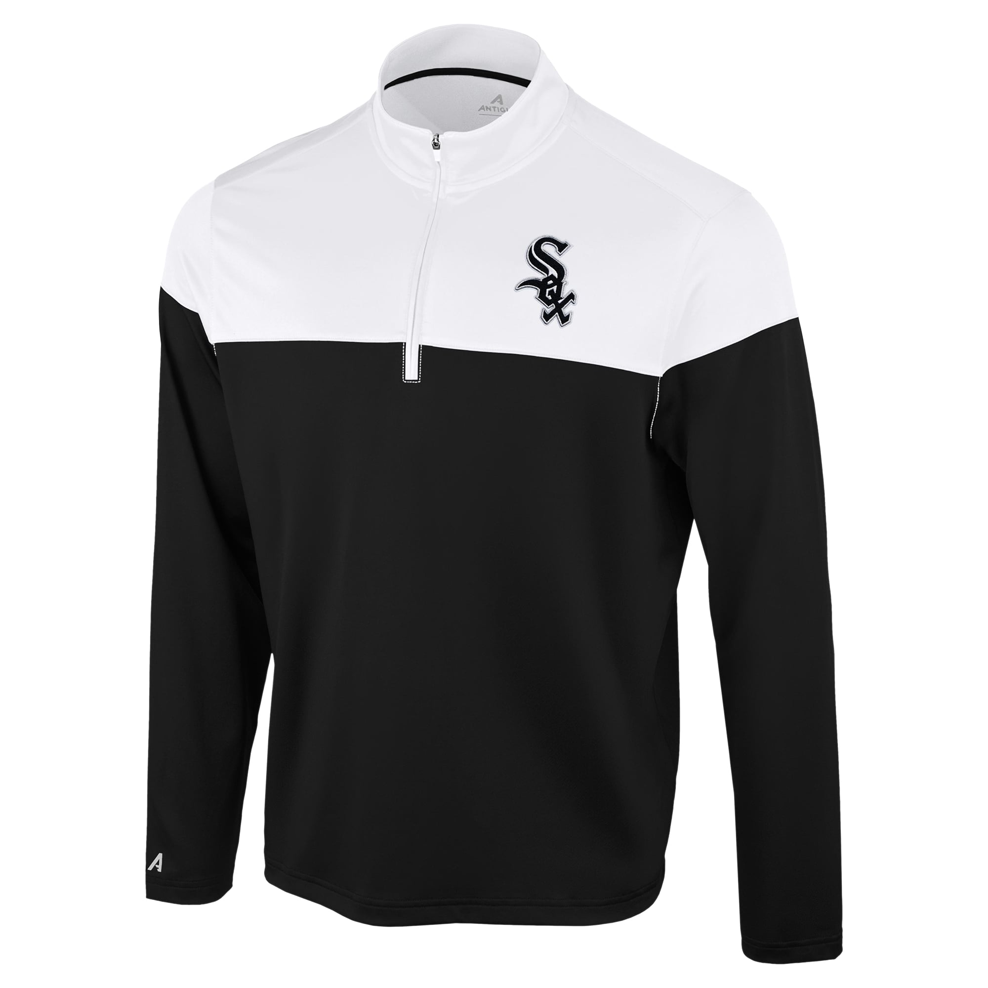 Pull à col zippé Antigua Hinder noir et blanc pour homme, aux couleurs des Chicago White Sox.