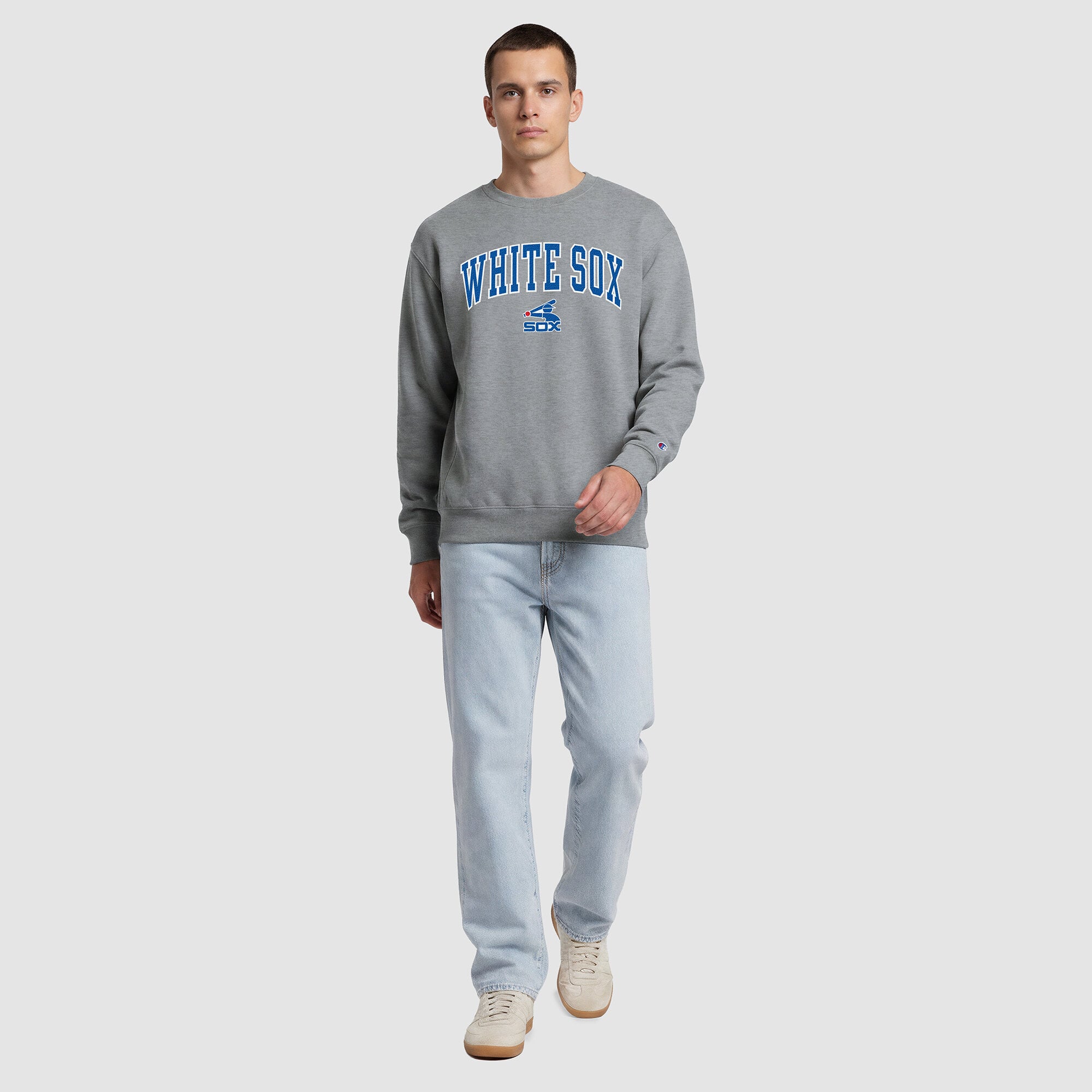 Sweat-shirt à col rond en polaire gris chiné Champion pour homme, représentant les White Sox de Chicago.