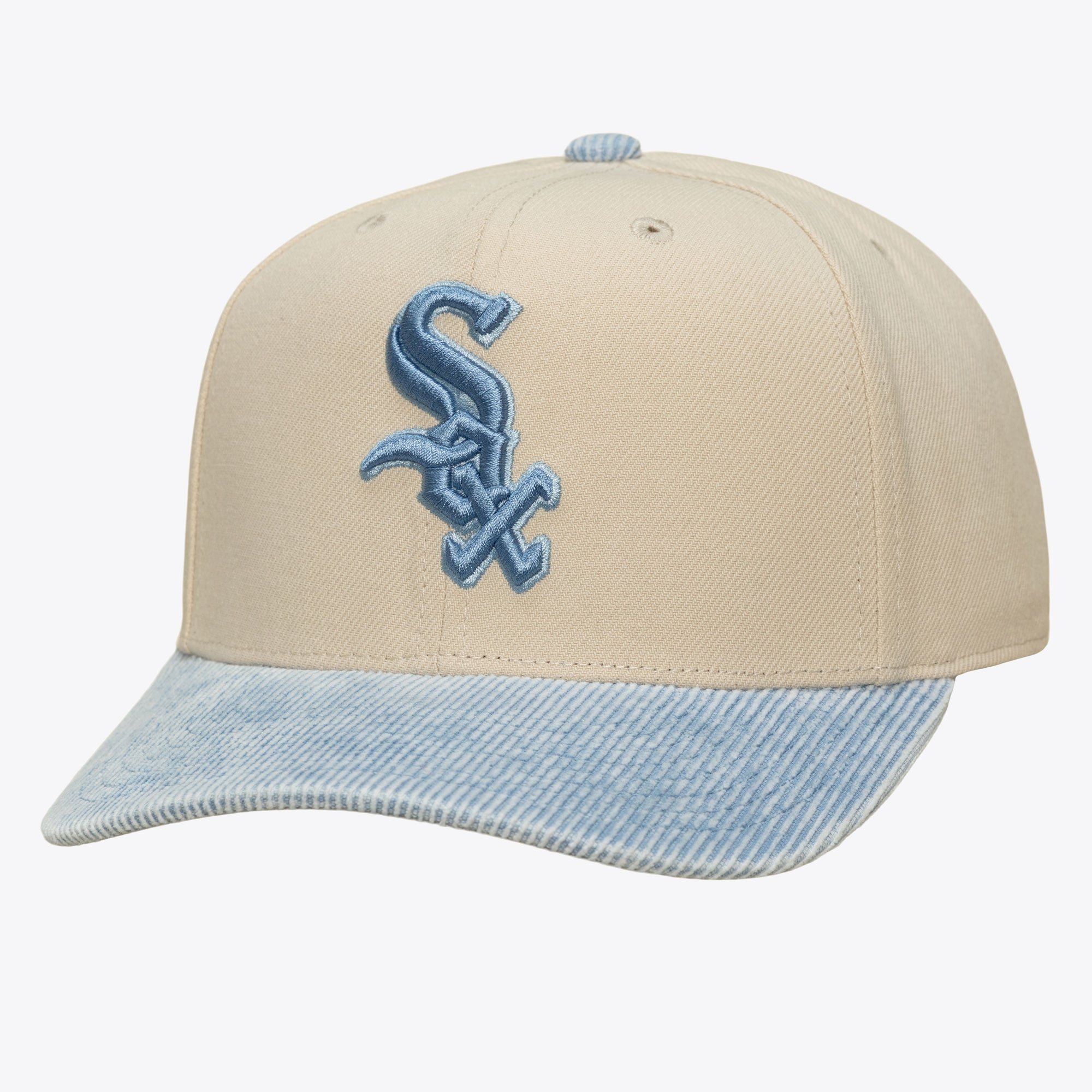 Casquette Mitchell & Ness Pro Crown Snapback crème/bleu clair pour homme, Chicago White Sox, en velours côtelé lavé.