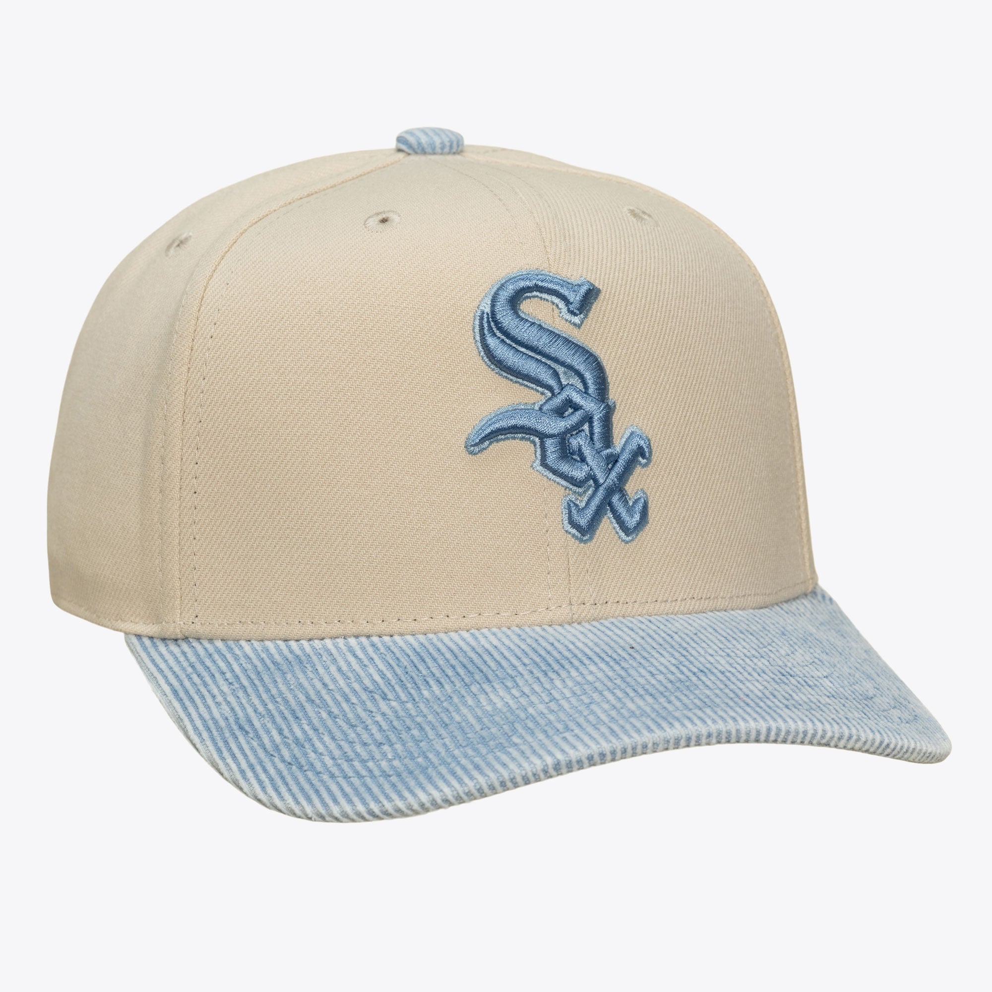 Casquette Mitchell & Ness Pro Crown Snapback crème/bleu clair pour homme, Chicago White Sox, en velours côtelé lavé.