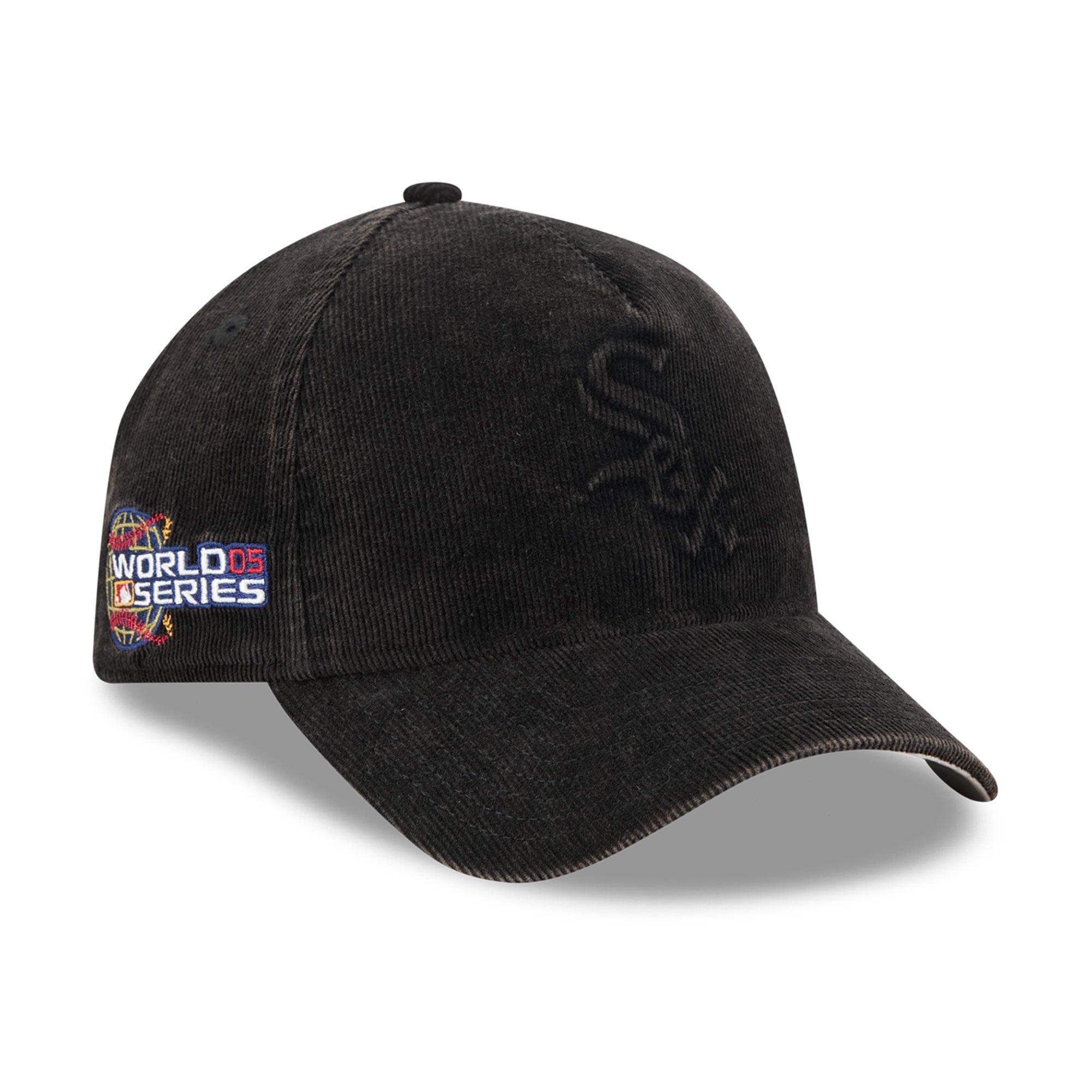 Casquette New Era noire pour homme, Chicago White Sox, série mondiale 2005, patch latéral, velours côtelé ton sur ton, modèle 9FORTY à monture A ajustable.