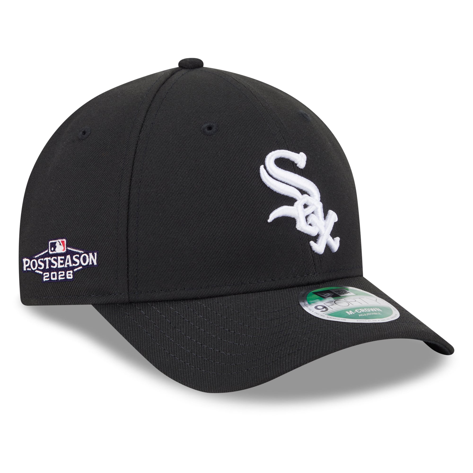 Casquette ajustable New Era noire pour homme Chicago White Sox 2026 MLB Postseason avec patch latéral 9FORTY