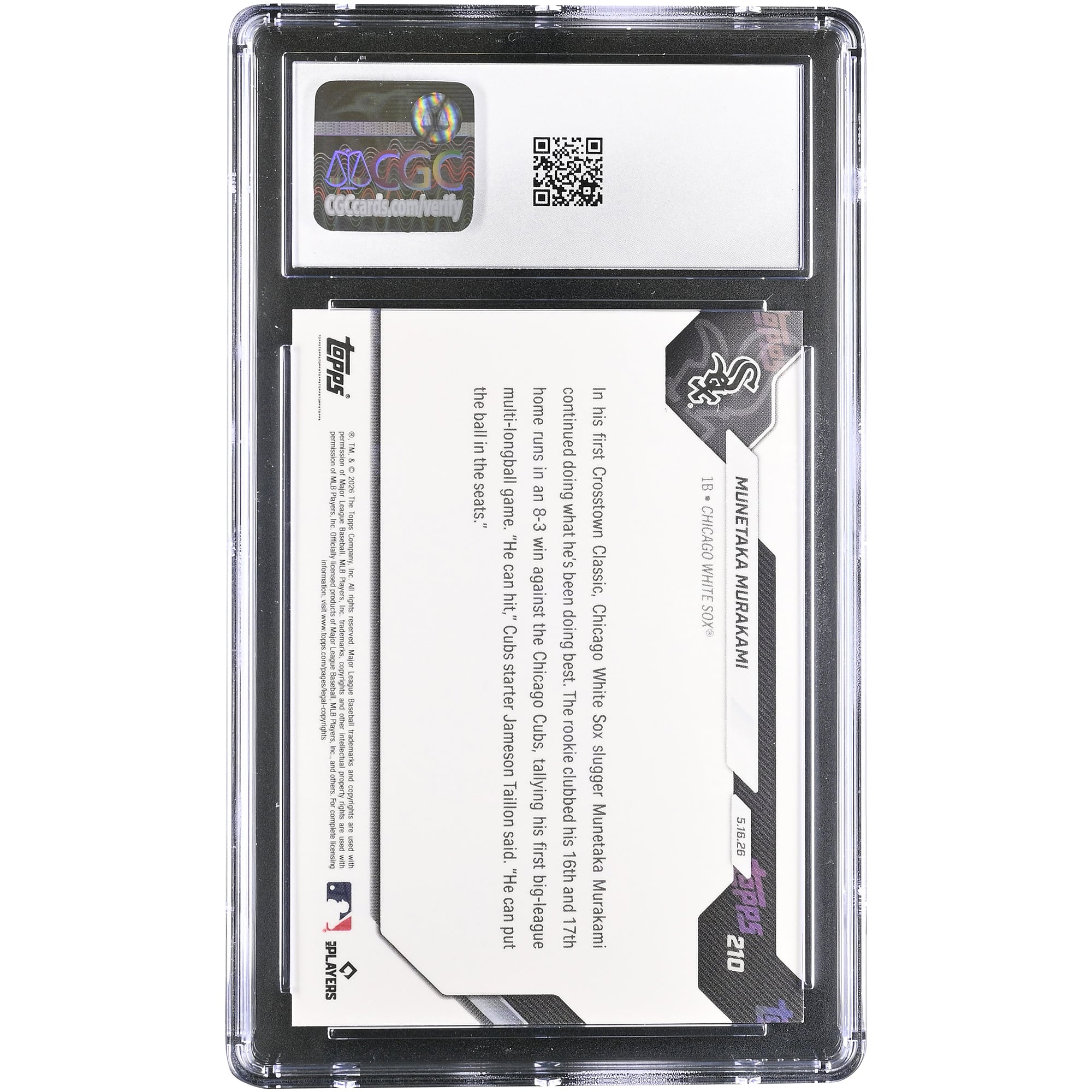 Carte recrue de Munetaka Murakami, Chicago White Sox, 2026 Topps Now, 1er match à plusieurs coups de circuit lors d'une victoire dans la rivalité, n° 210, authentifiée CGC MINT+ 9.5