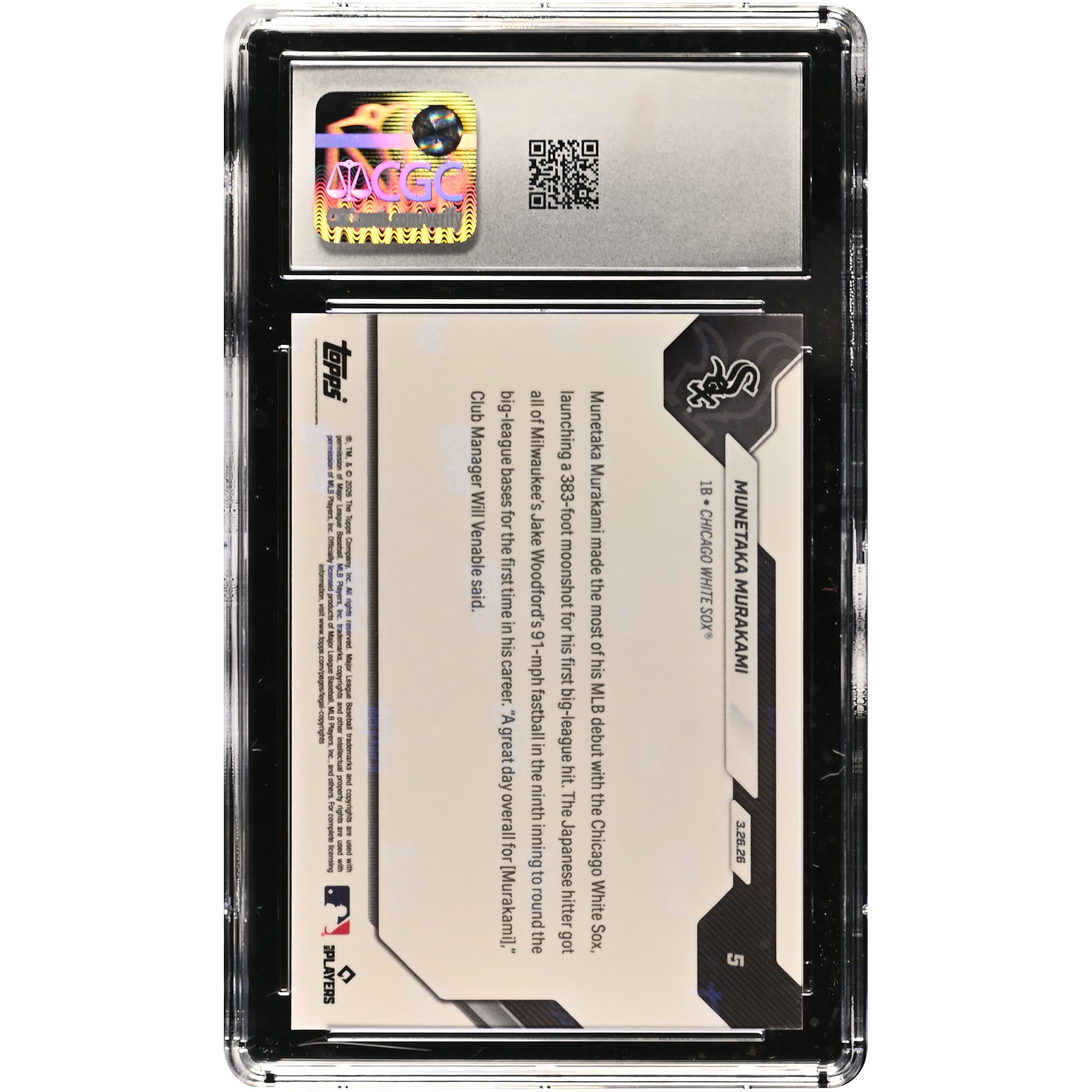 Munetaka Murakami, White Sox de Chicago, carte recrue Topps Now 2026 : le frappeur japonais frappe son premier circuit en MLB à ses débuts (n° 5), authentifiée par CGC.