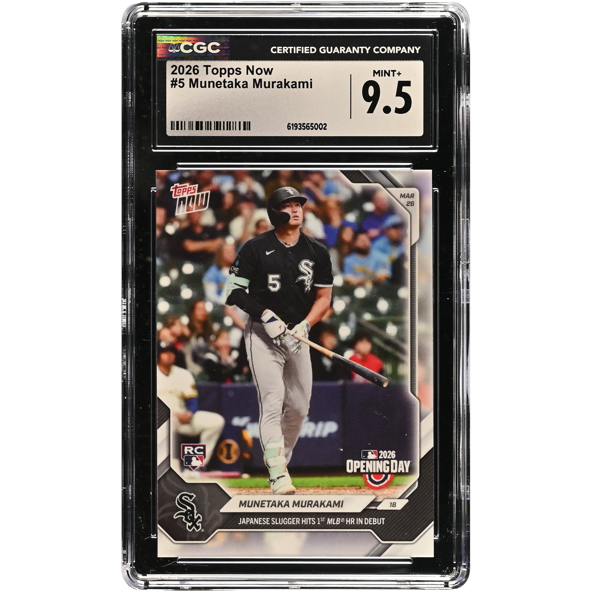 Carte recrue n° 5 de Munetaka Murakami, Chicago White Sox, Topps Now 2026 : Le cogneur japonais frappe son premier circuit en MLB à ses débuts. Authentifiée CGC 9.5.