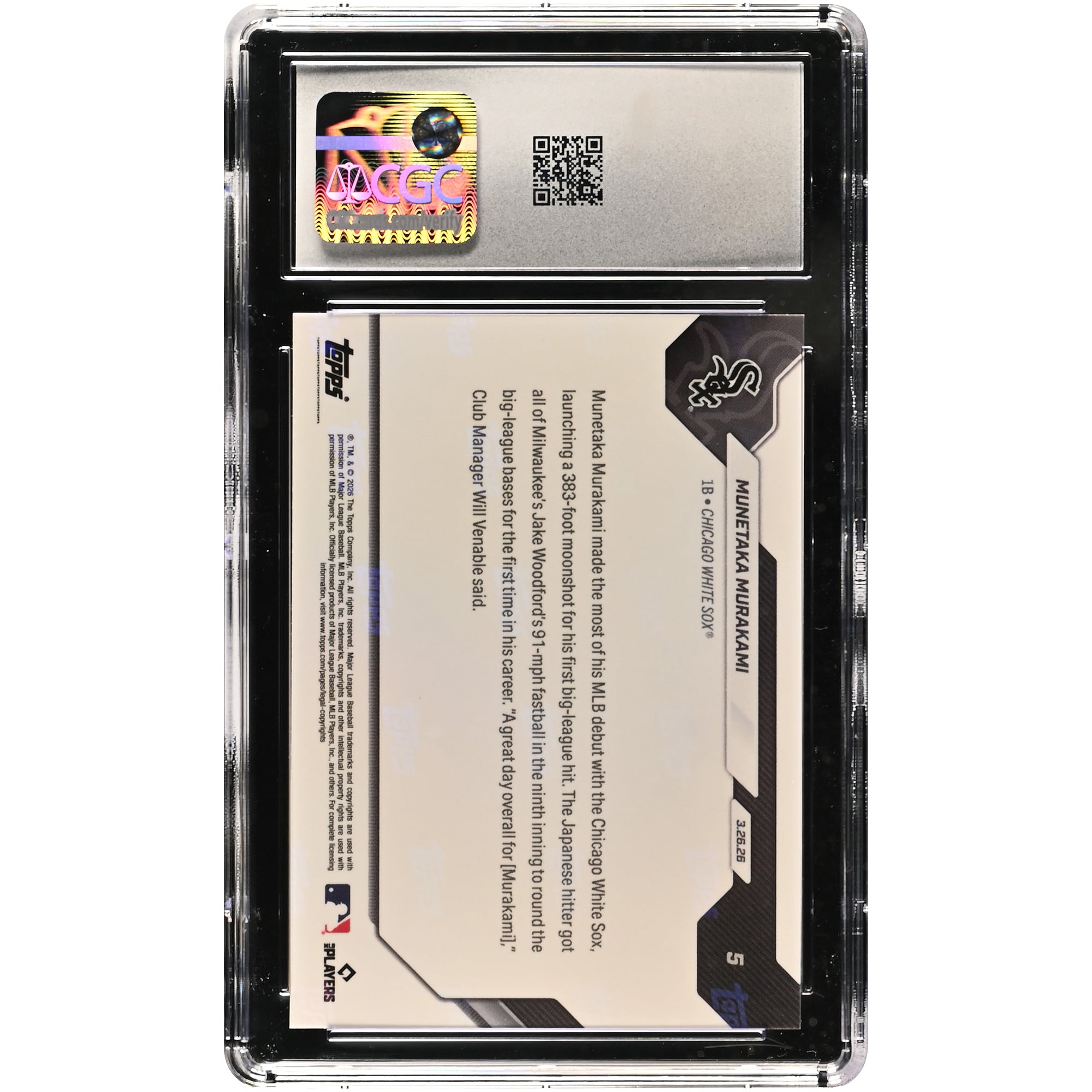 Carte recrue n° 5 de Munetaka Murakami, Chicago White Sox, Topps Now 2026 : Le cogneur japonais frappe son premier circuit en MLB à ses débuts. Authentifiée CGC 9.5.