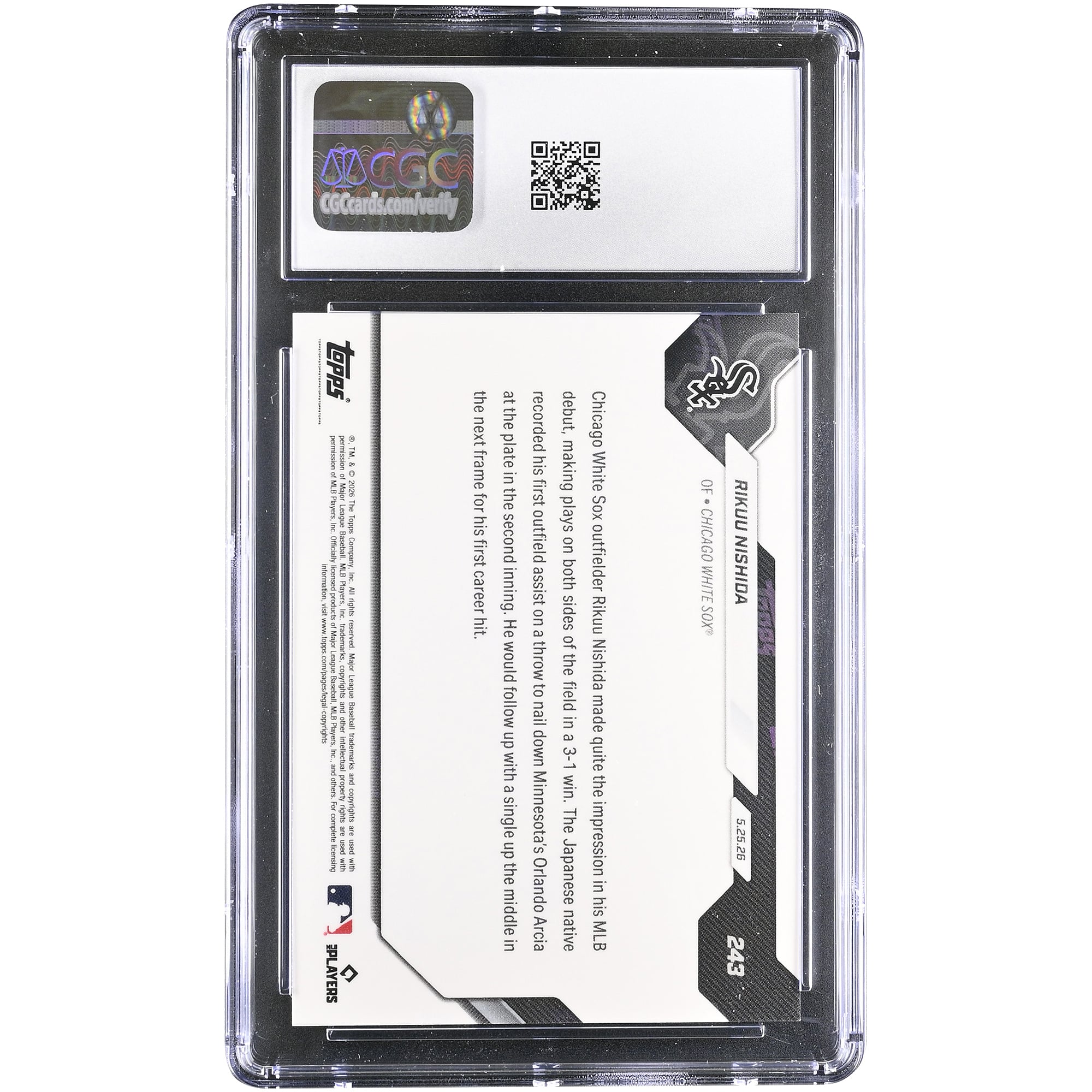 Carte Rikuu Nishida Chicago White Sox 2026 Topps Now Call Up #243, authentifiée CGC, état neuf (GEM MINT 10).