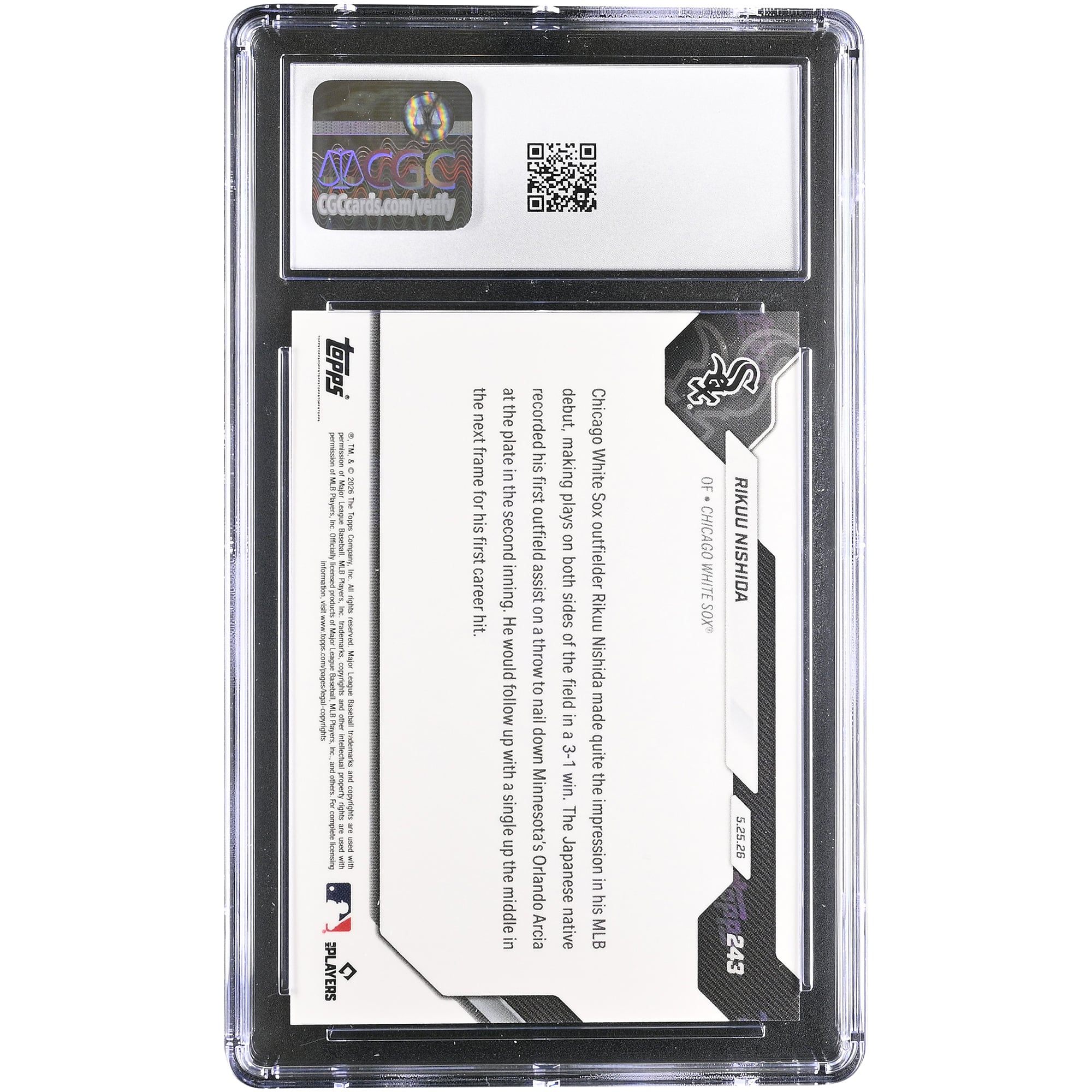 Carte Rikuu Nishida Chicago White Sox 2026 Topps Now Call Up n° 243, authentifiée CGC MINT+ 9.5