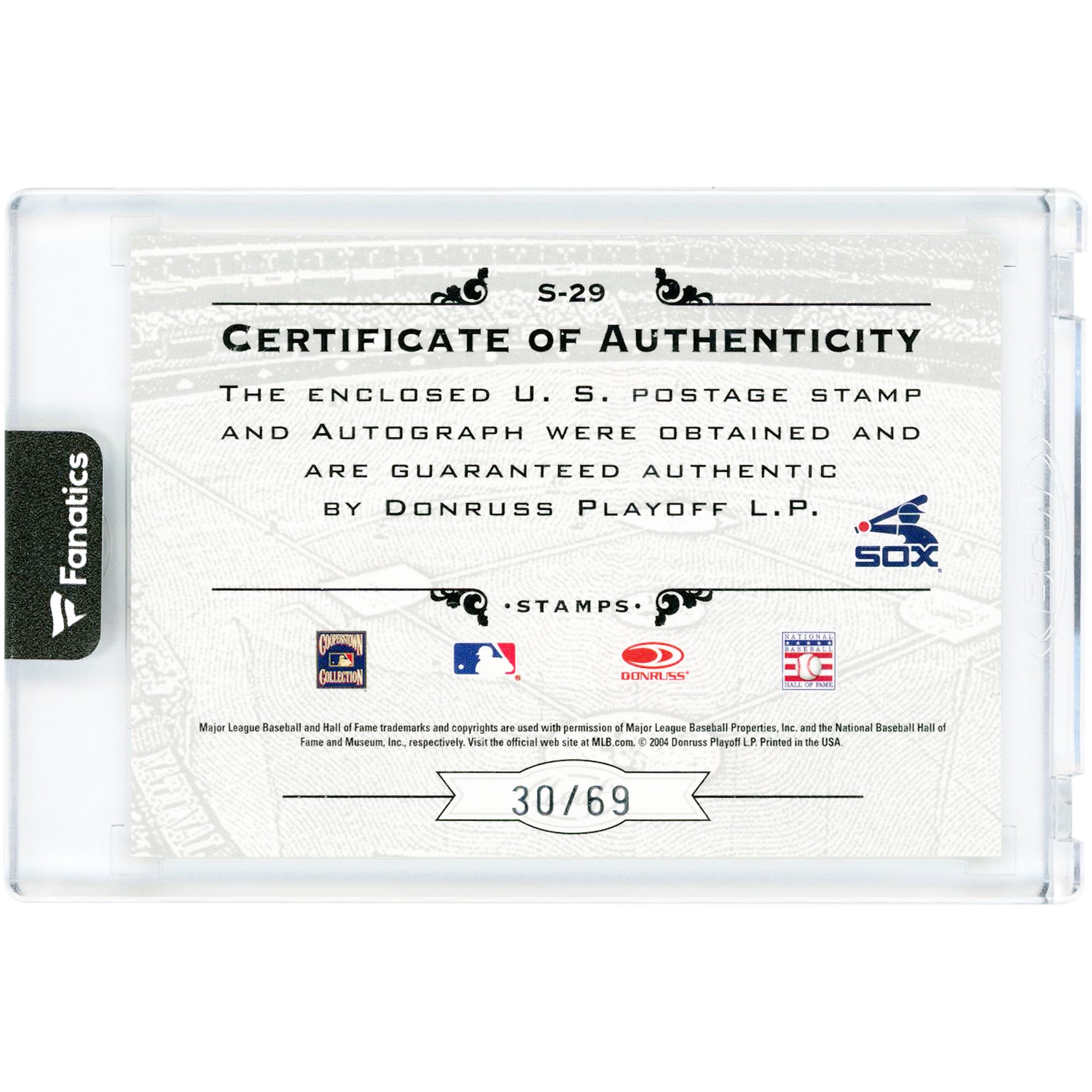 Carte autographiée par Steve Carlton des White Sox de Chicago (collection Donruss Leaf Century Stamps, 2004) - Signature n° S-29 n° 30/69