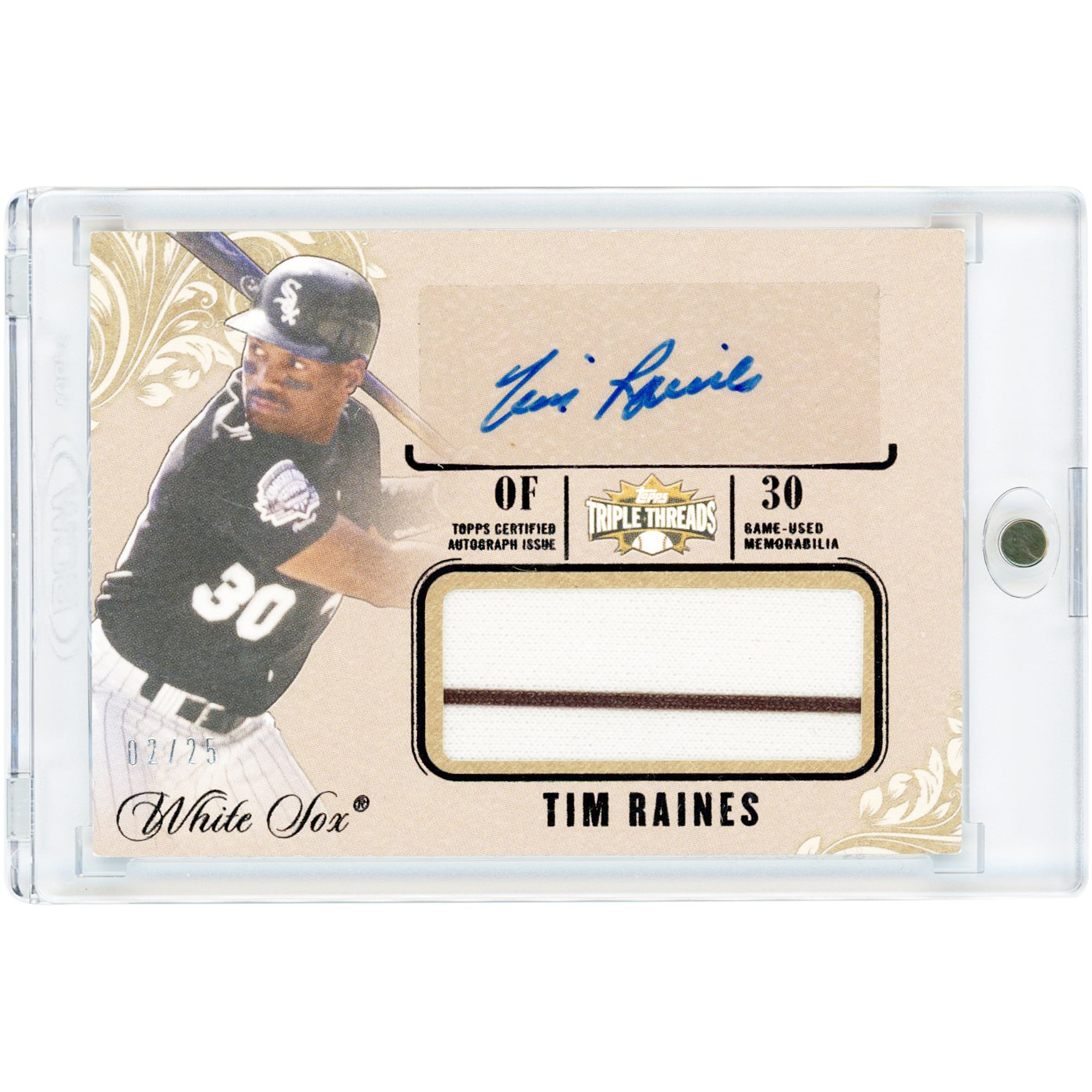 Carte relique de maillot bicolore porté en match, autographiée par Tim Raines des White Sox de Chicago (2014) Topps Triple Threads Unity Jumbo #TAJR-TRA #2/25