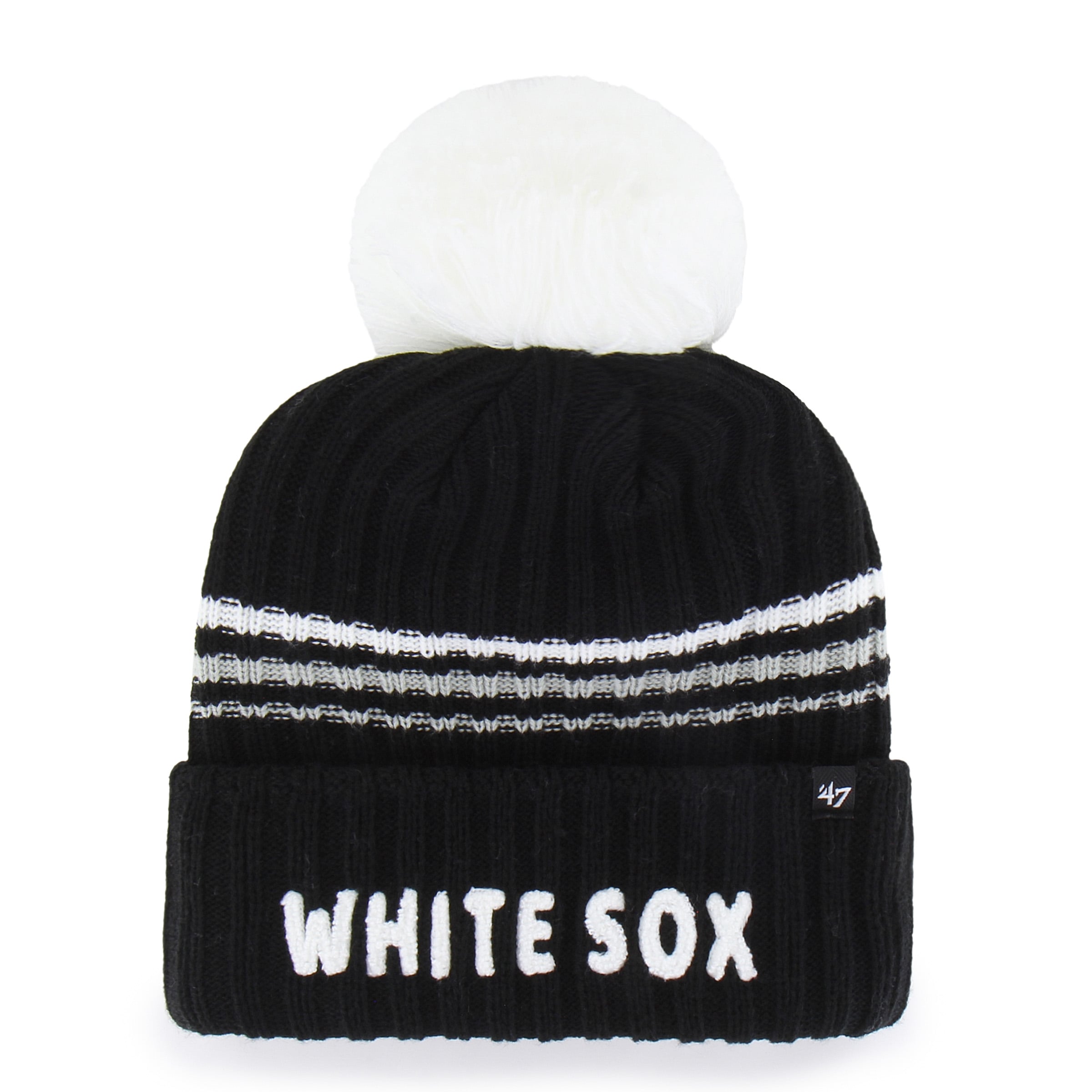 Bonnet à revers en maille duveteuse avec pompon, modèle 47 noir des Chicago White Sox.