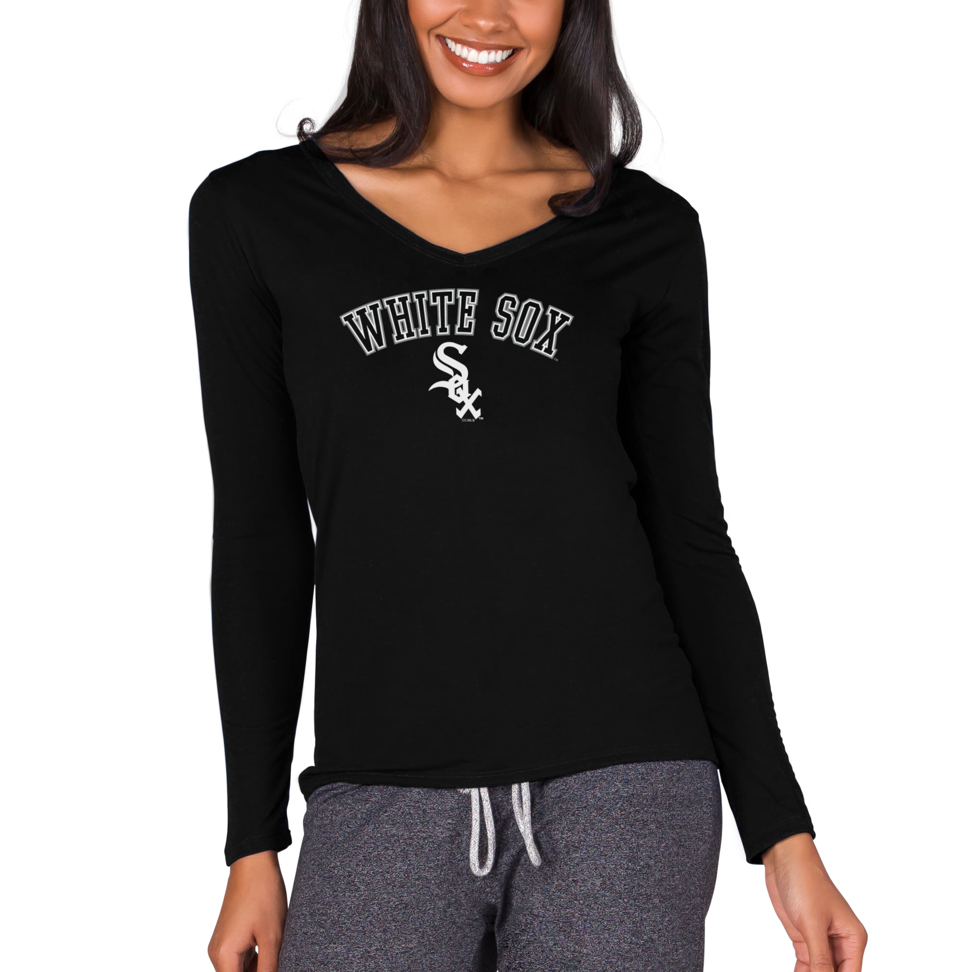 T-shirt à manches longues et col en V maille noire Chicago White Sox Marathon pour femme de Concepts Sport