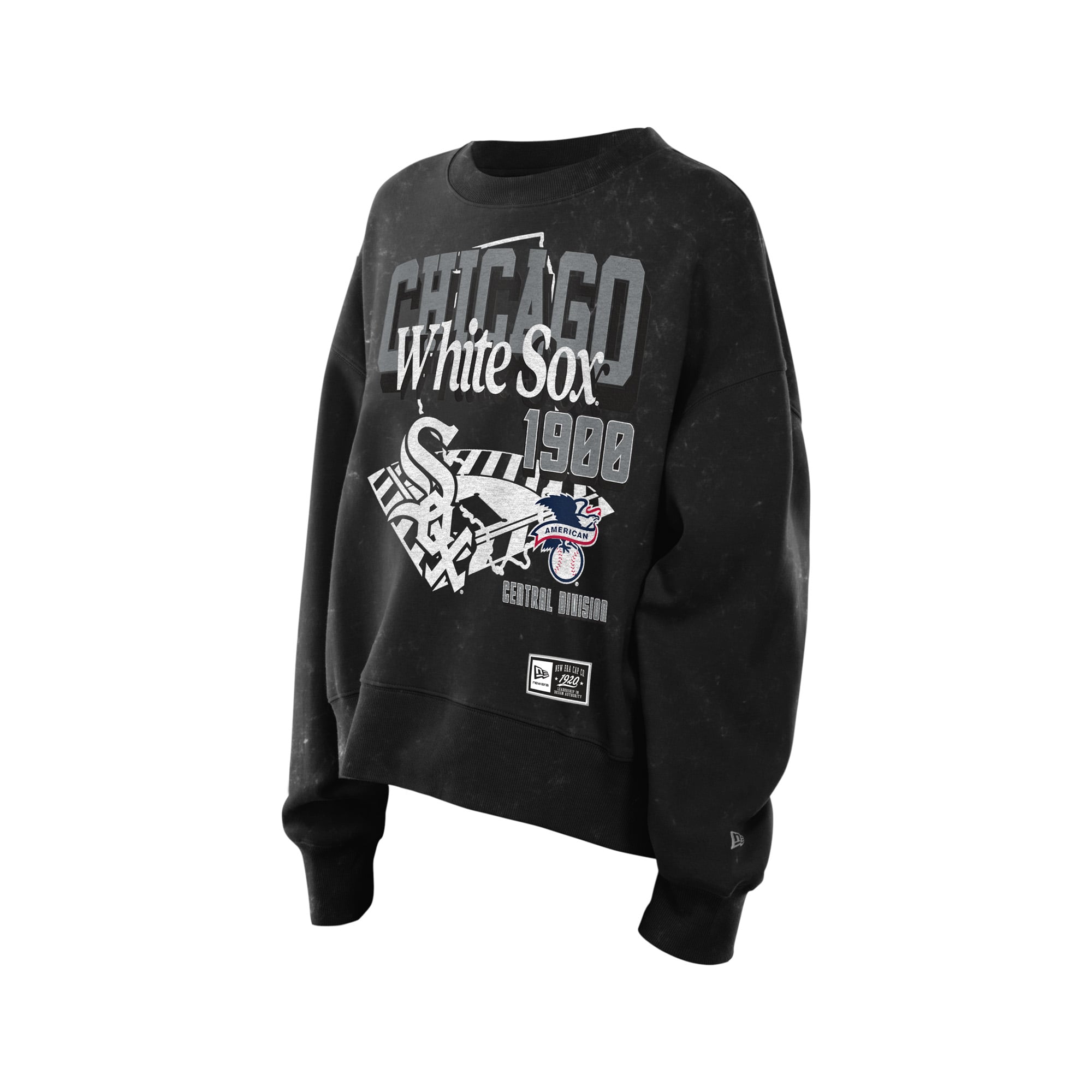 Sweat-shirt New Era noir pour femme, style rétro Chicago White Sox, coupe carrée, délavé à l'huile minérale