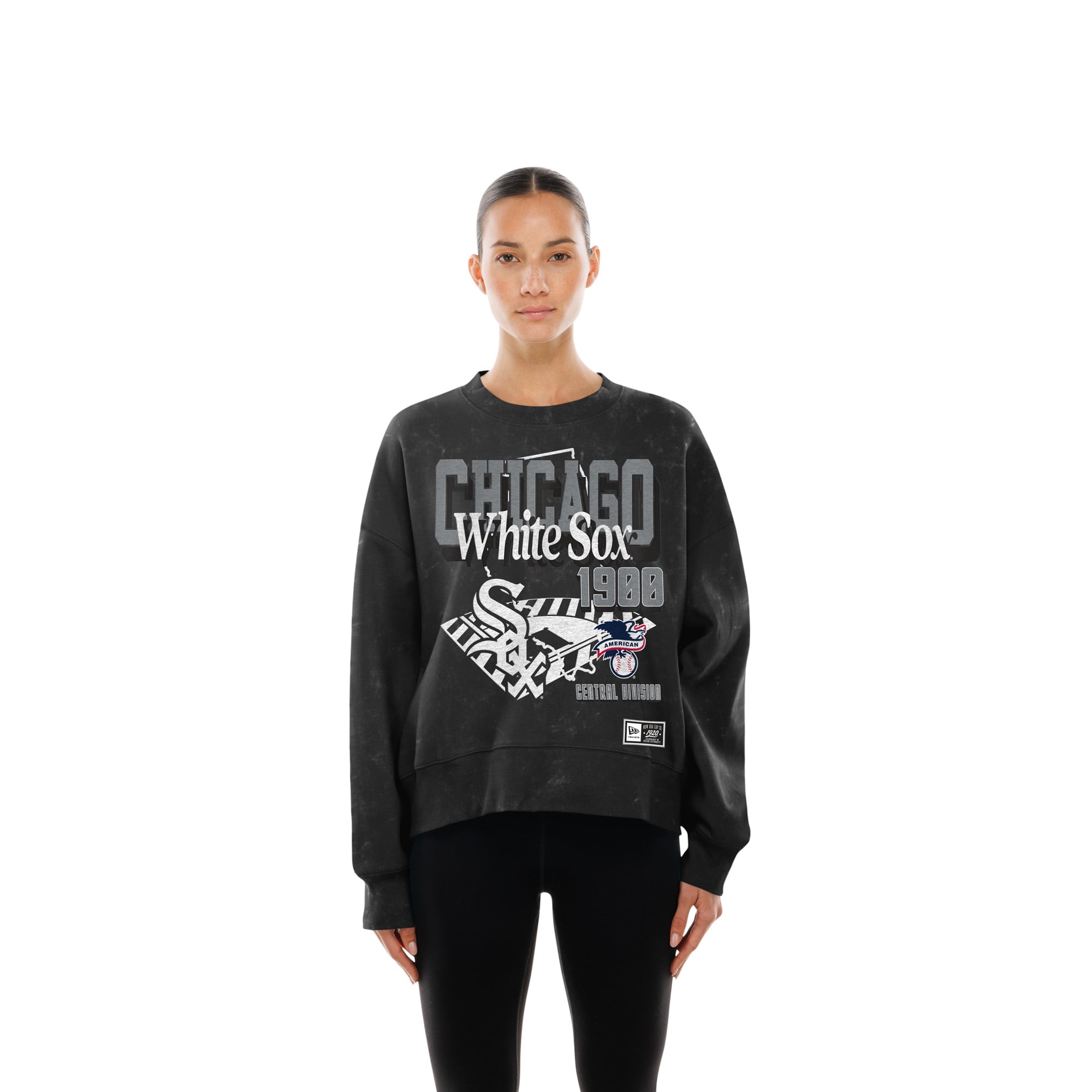 Sweat-shirt New Era noir pour femme, style rétro Chicago White Sox, coupe carrée, délavé à l'huile minérale