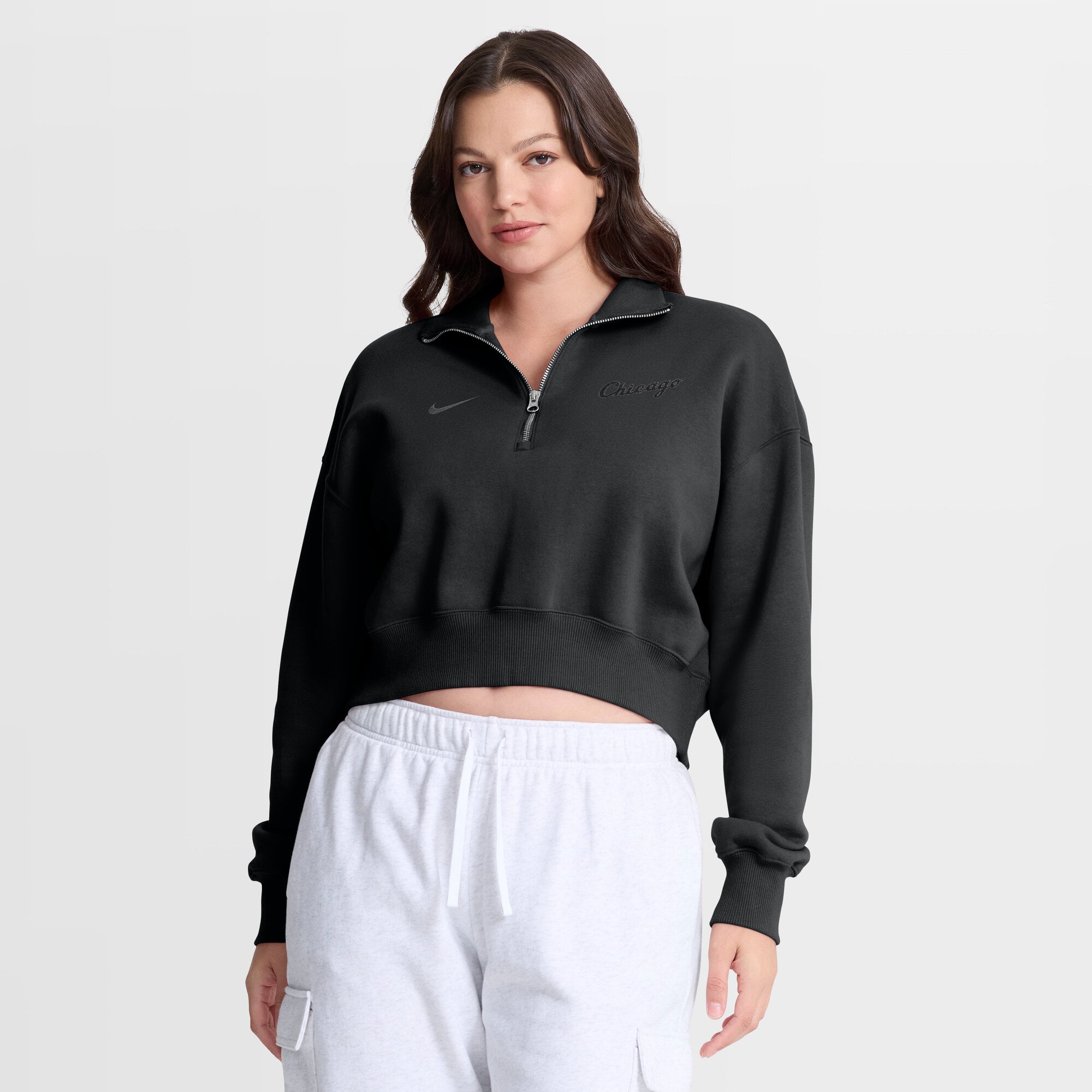 Sweat-shirt court à col zippé Nike Chicago White Sox noir oversize en polaire Phoenix pour femme