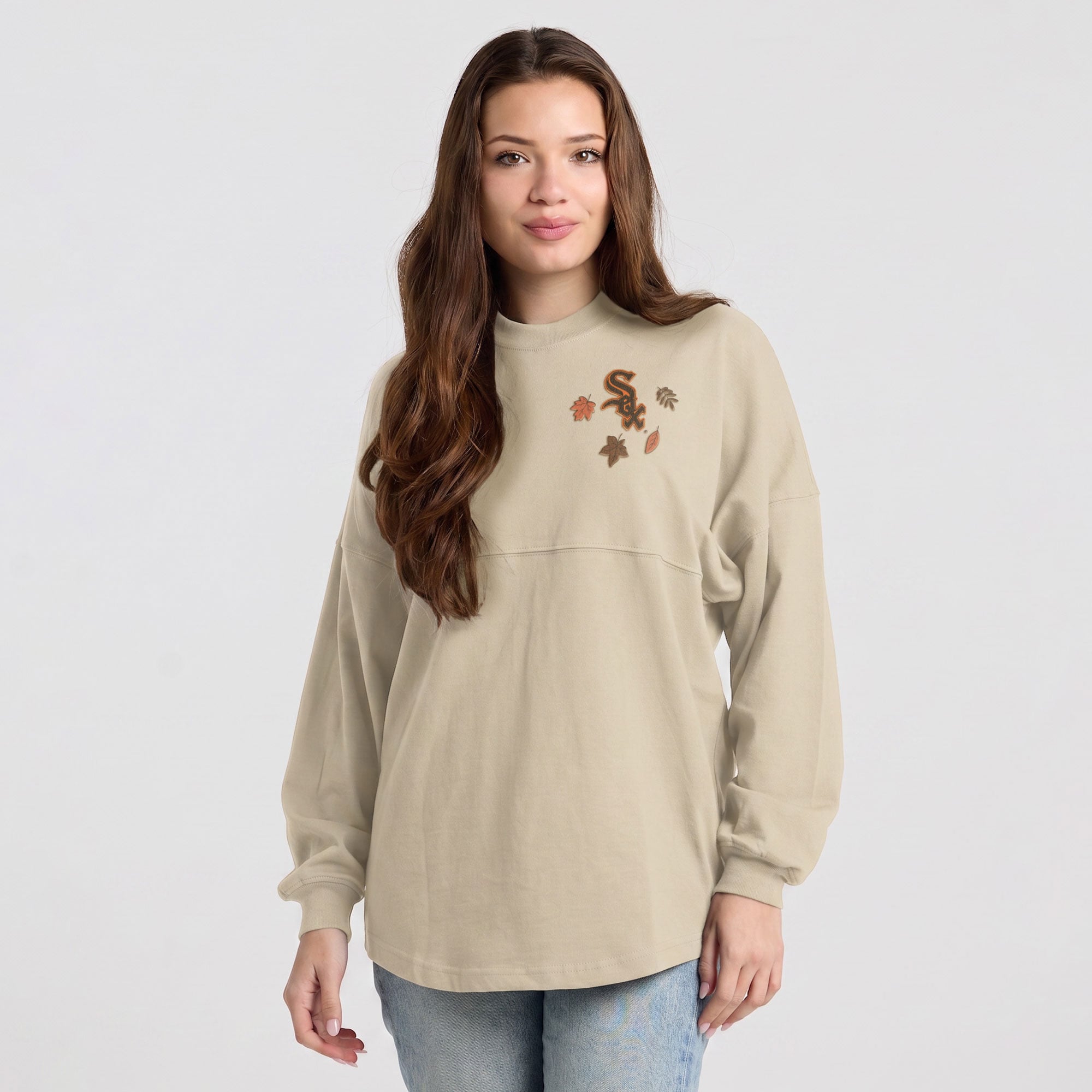 T-shirt à manches longues pour femme, motif feuilles d'automne, couleur crème