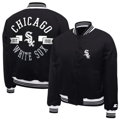  Chicago White Sox Starter Women's Printed Logo Cropped Satin Varsity Full-Snap Jacket - Black