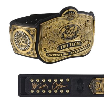 Chris Sabin & Alex Shelley Autographed WWE Tag Team Championship Replica Title Belt with "MCMG" Inscription