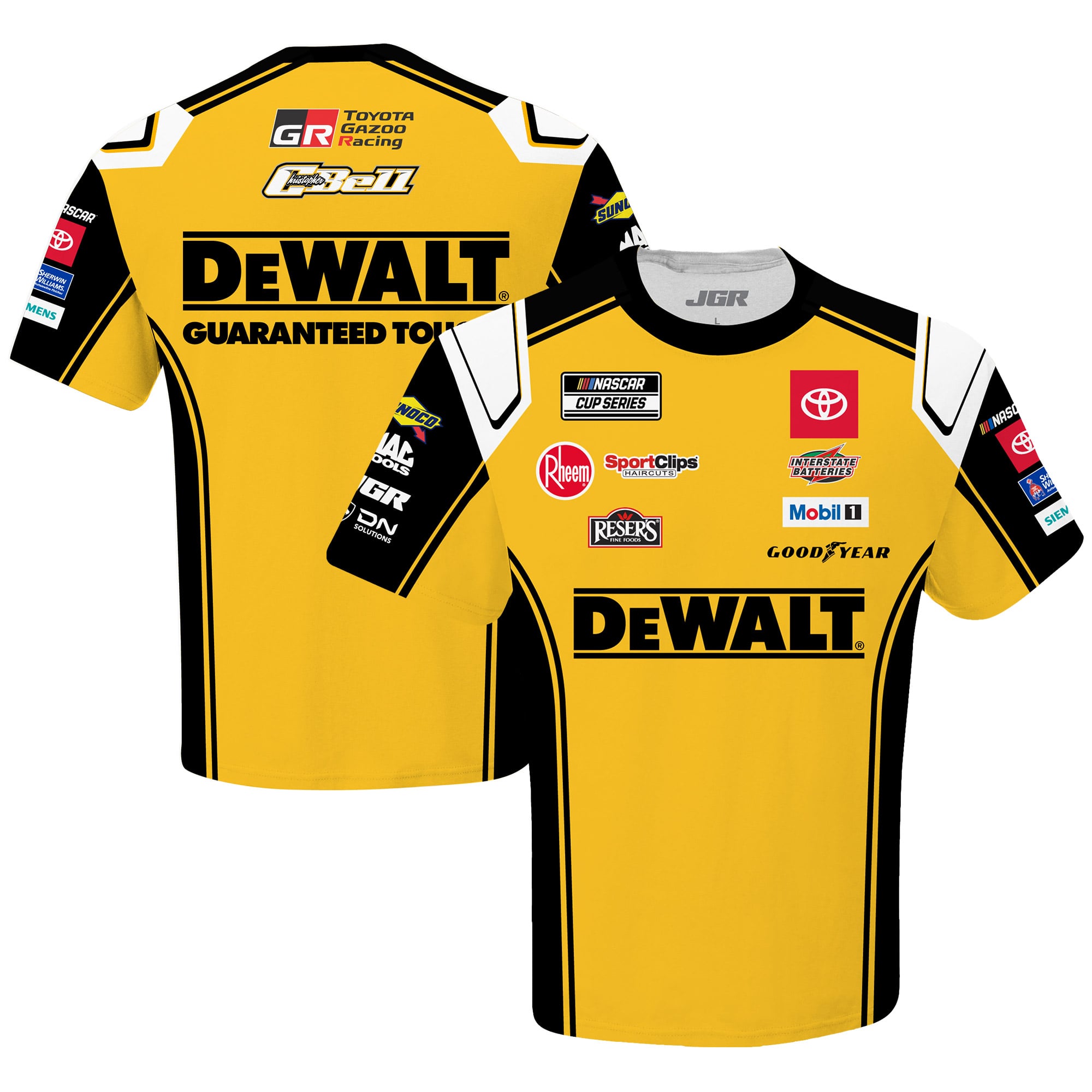 T-shirt jaune pour homme de la collection Joe Gibbs Racing Team avec uniforme Christopher Bell DeWalt