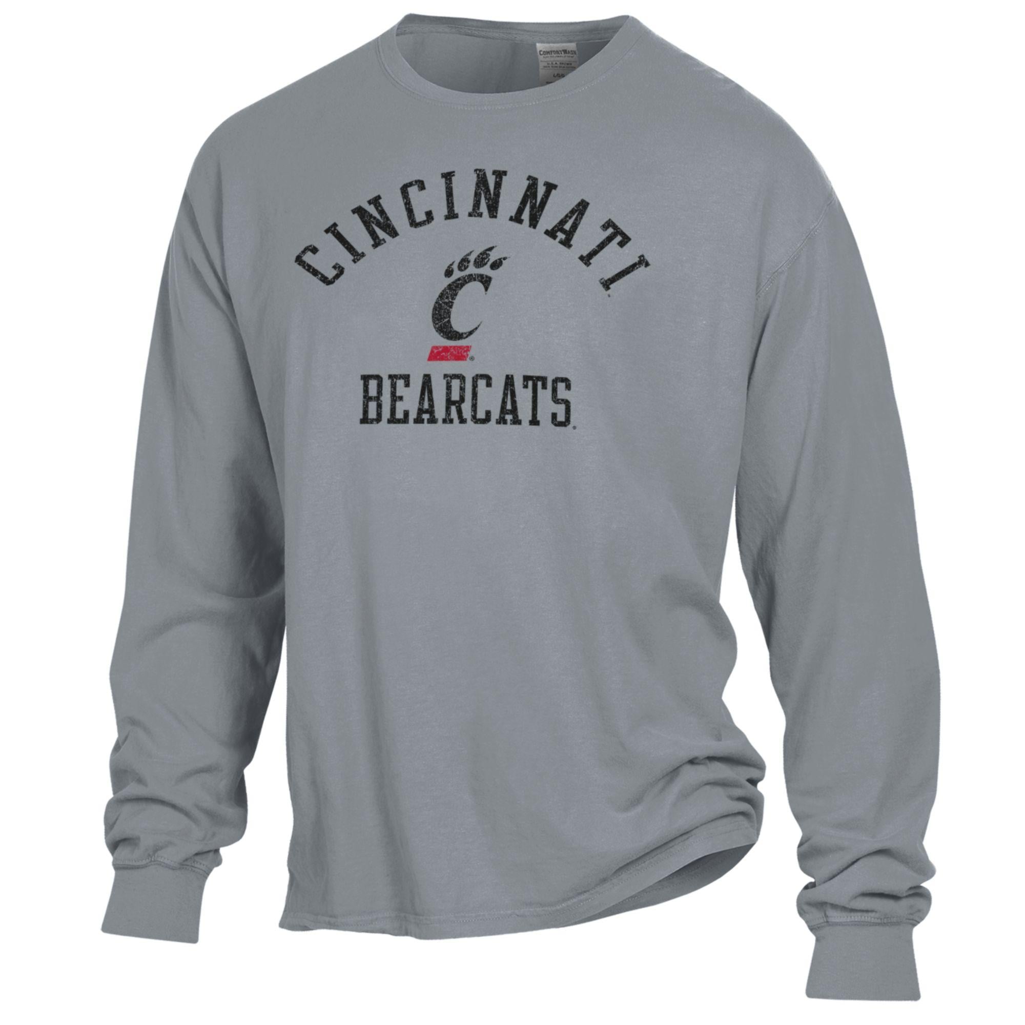 T-shirt à manches longues pour homme ComfortWash gris avec logo Arch des Cincinnati Bearcats, teint en pièce