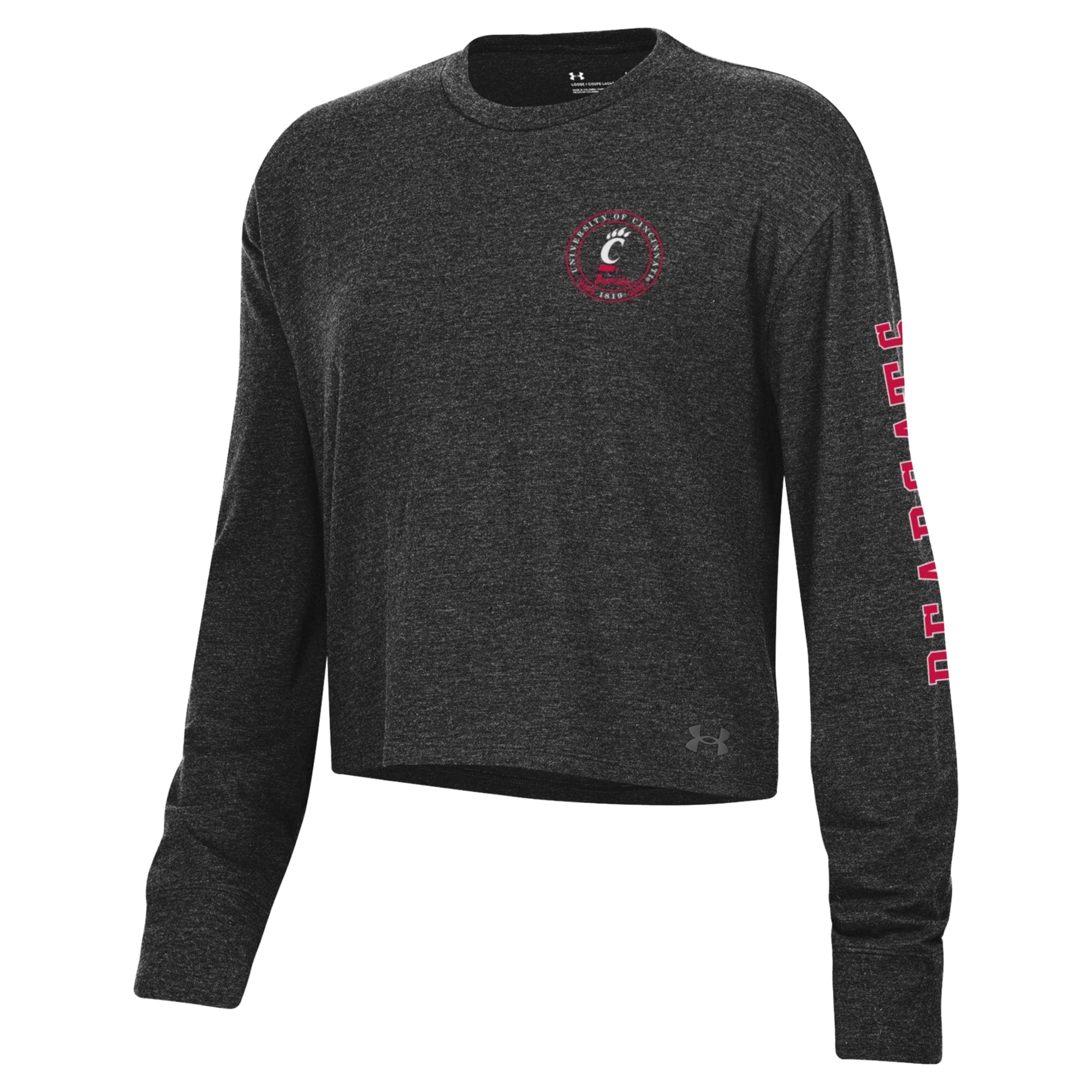 T-shirt court à manches longues Under Armour Black Cincinnati Bearcats Icon Sleeve Two-Hit pour femme, en mélange de trois matières.