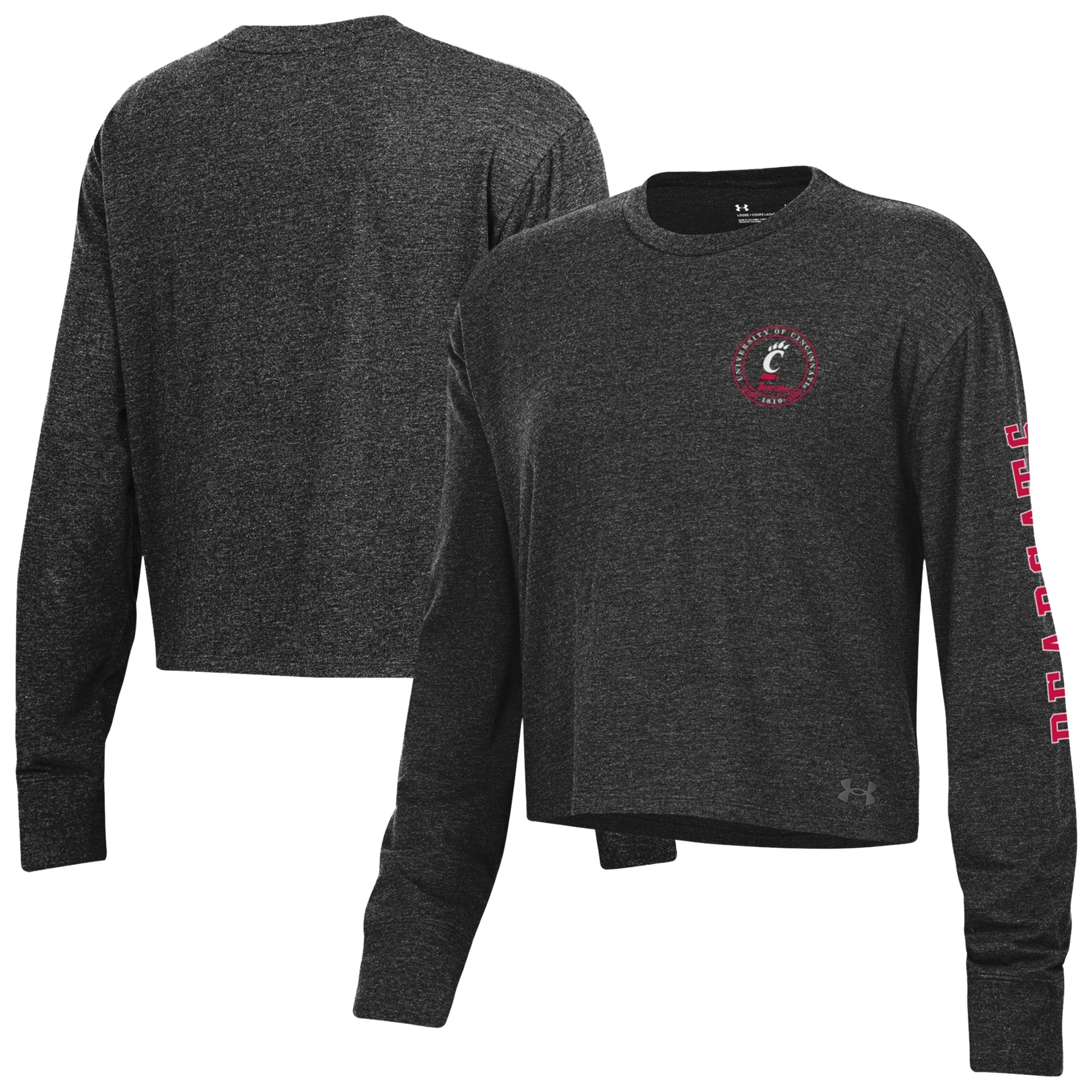 T-shirt court à manches longues Under Armour Black Cincinnati Bearcats Icon Sleeve Two-Hit pour femme, en mélange de trois matières.