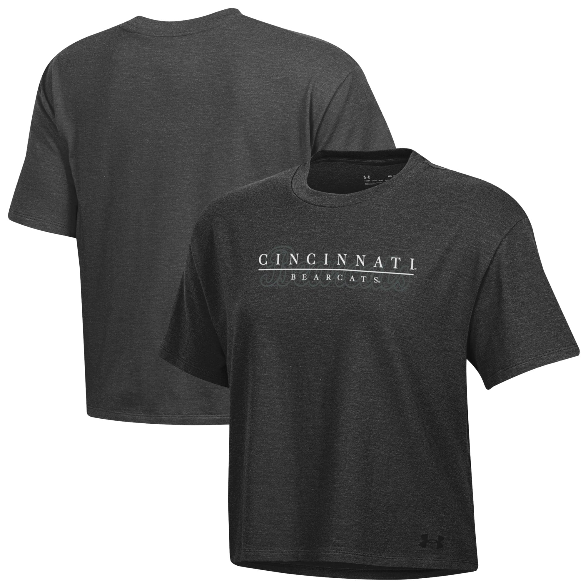 T-shirt Under Armour Boxy Icon noir chiné pour femmes, motif Cincinnati Bearcats