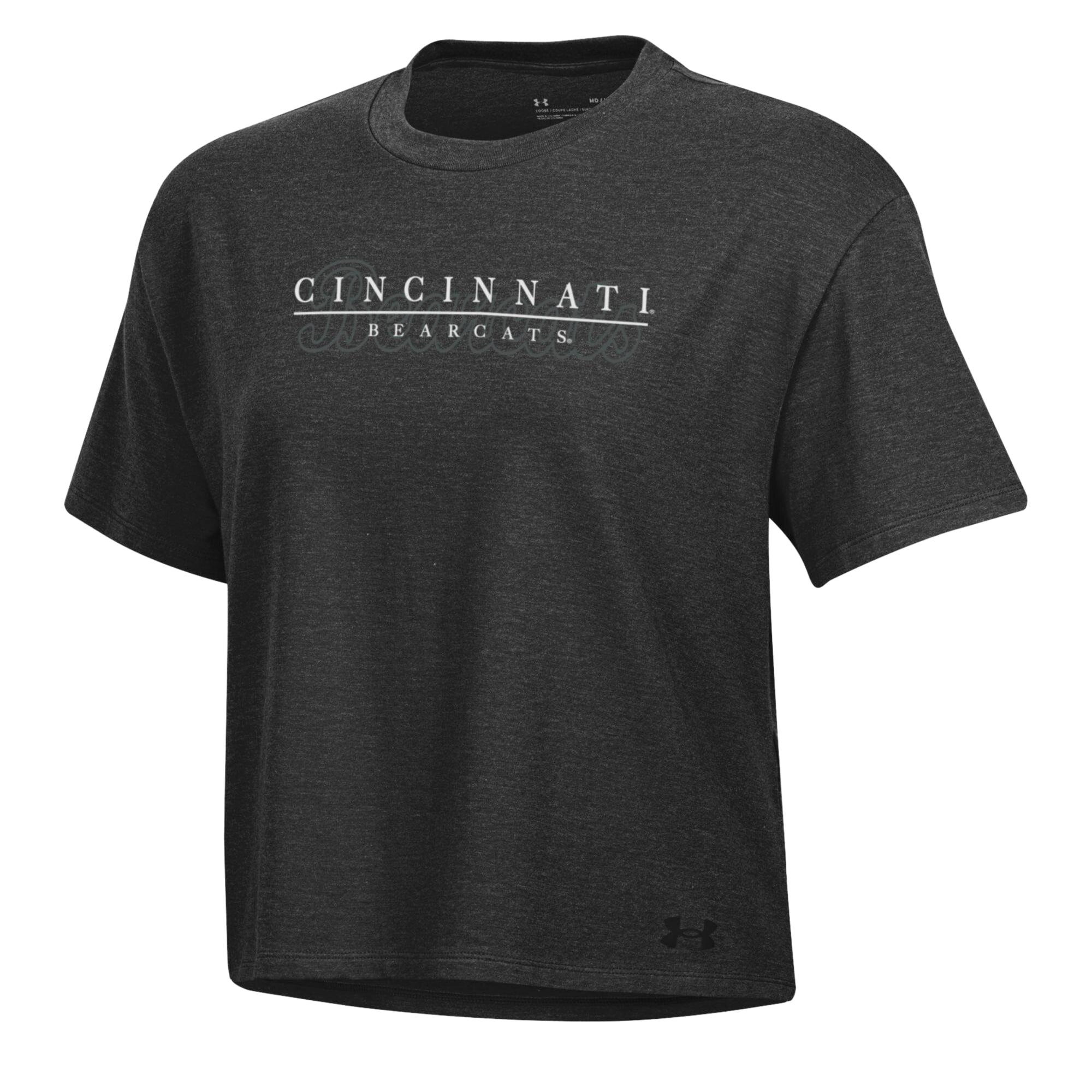 T-shirt Under Armour Boxy Icon noir chiné pour femmes, motif Cincinnati Bearcats
