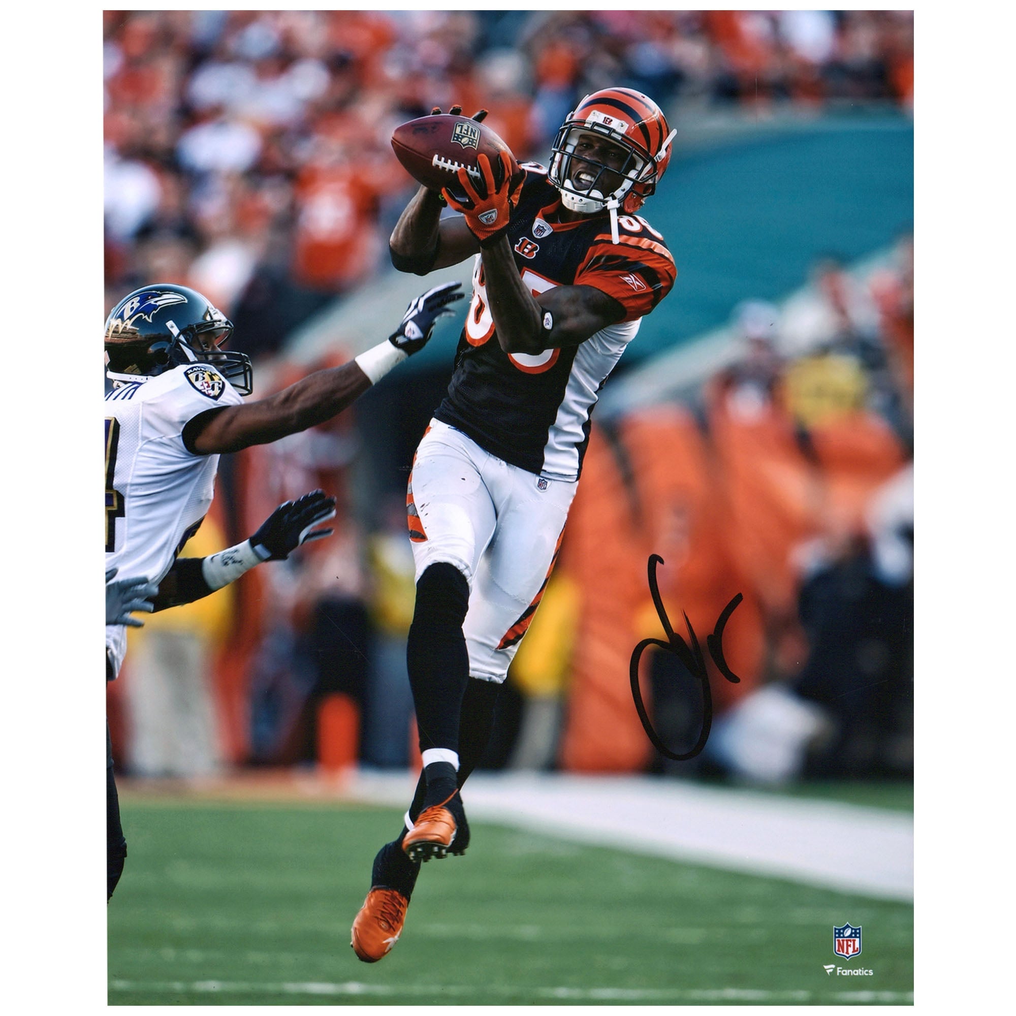 Photo dédicacée de Chad Johnson (Cincinnati Bengals) en maillot noir (8 x 10 pouces) lors d'une réception