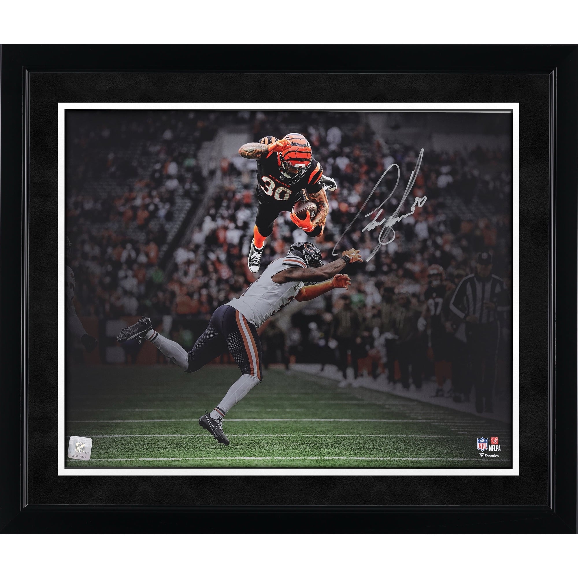 Chase Brown Cincinnati Bengals Autographed "16 x 20" Hurdle Spotlight Photograph