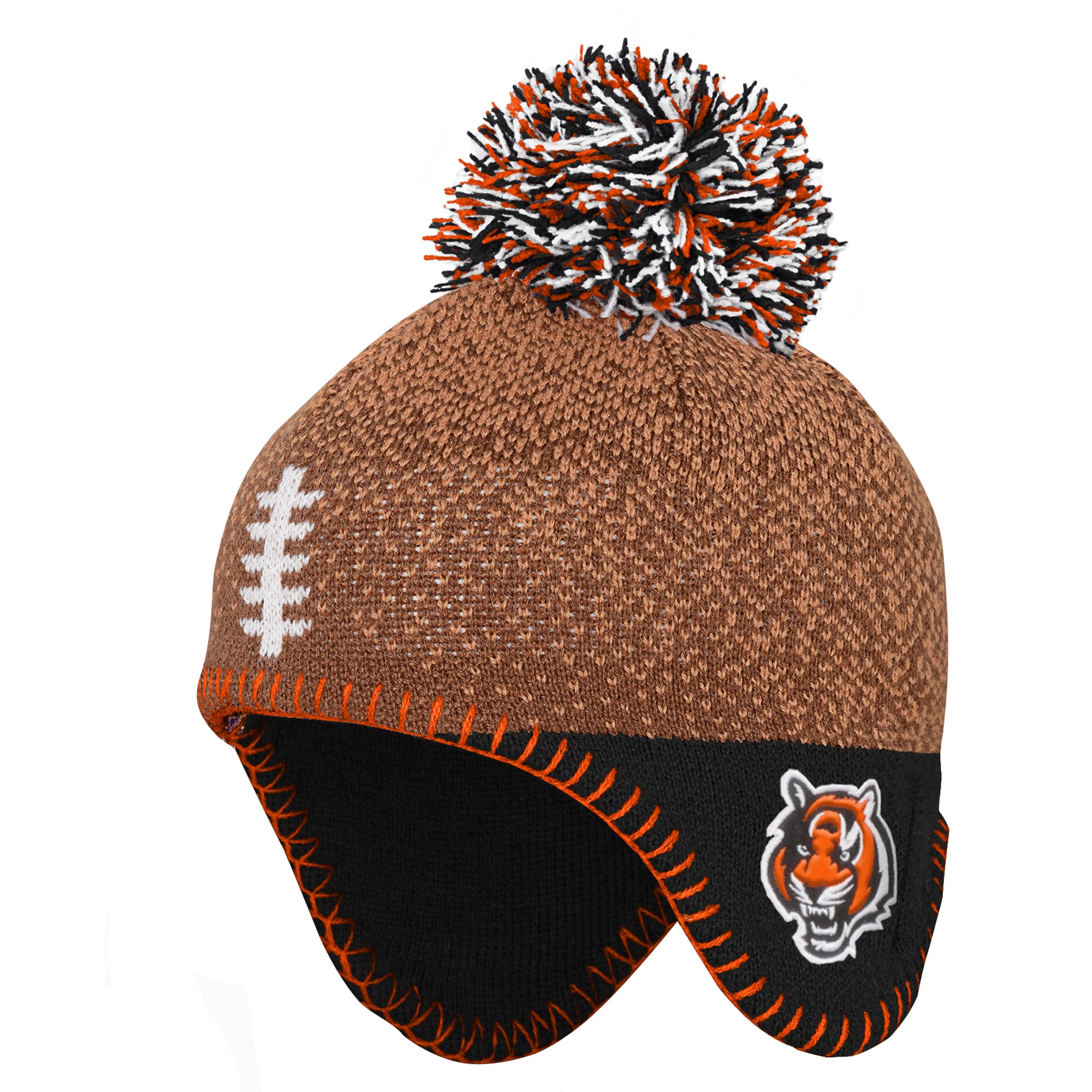 Bonnet tricoté marron à pompon avec motif tête de football américain des Bengals de Cincinnati, de la marque Outerstuff, pour bébé