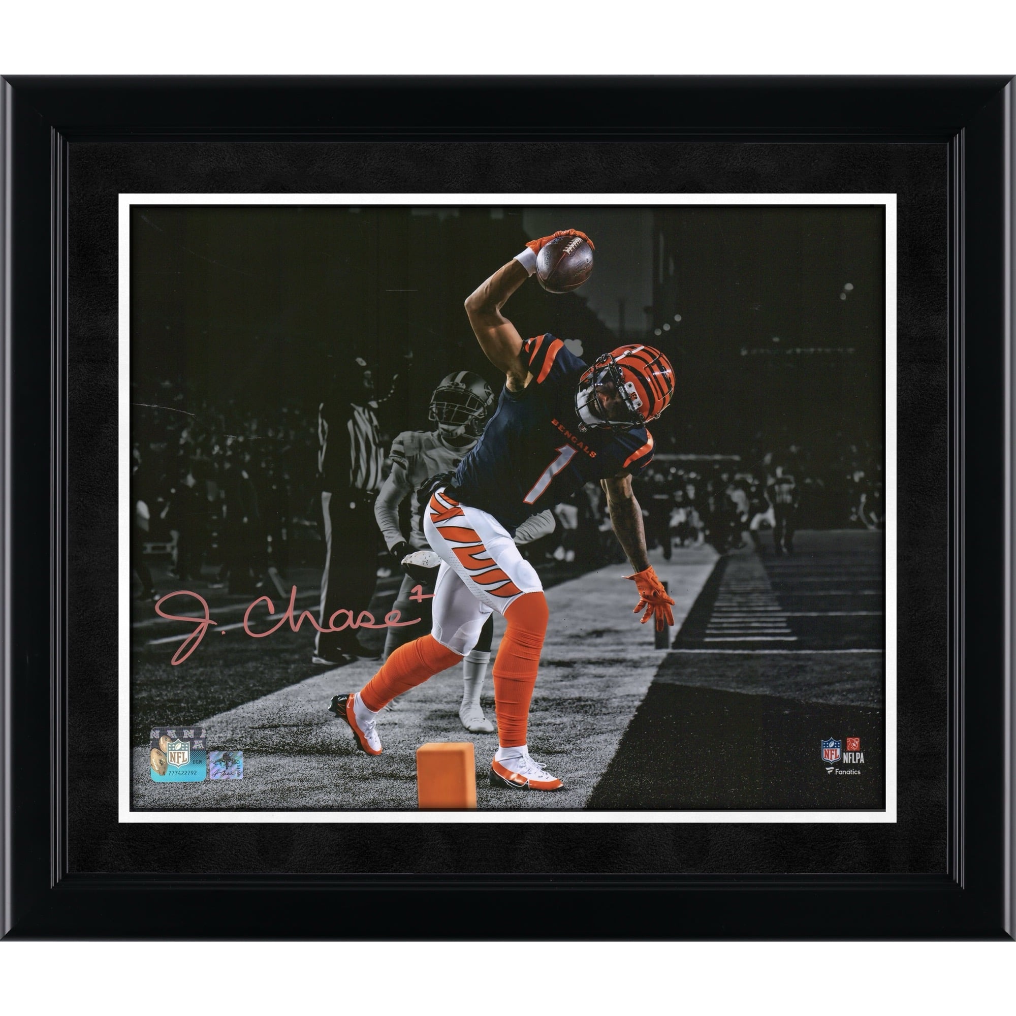 Photo dédicacée de Ja'Marr Chase (Cincinnati Bengals) - 11 35,5 cm (11 x 14 pouces) - Touchdown Spike Spotlight