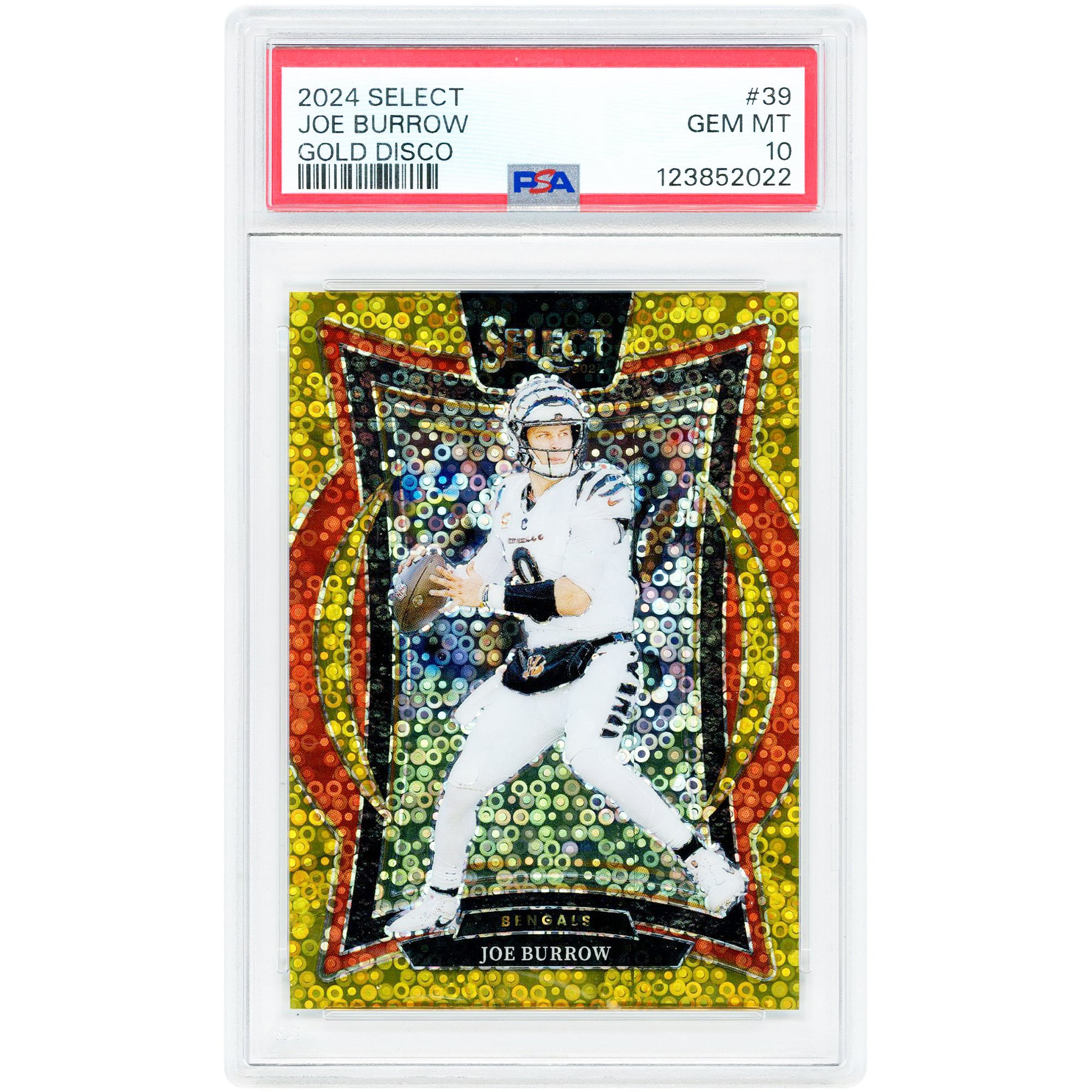 Joe Burrow Cincinnati Bengals 2024 Panini Select Gold Disco Prizm Jersey Match #39 #9/10 PSA Authenticated 10 Card